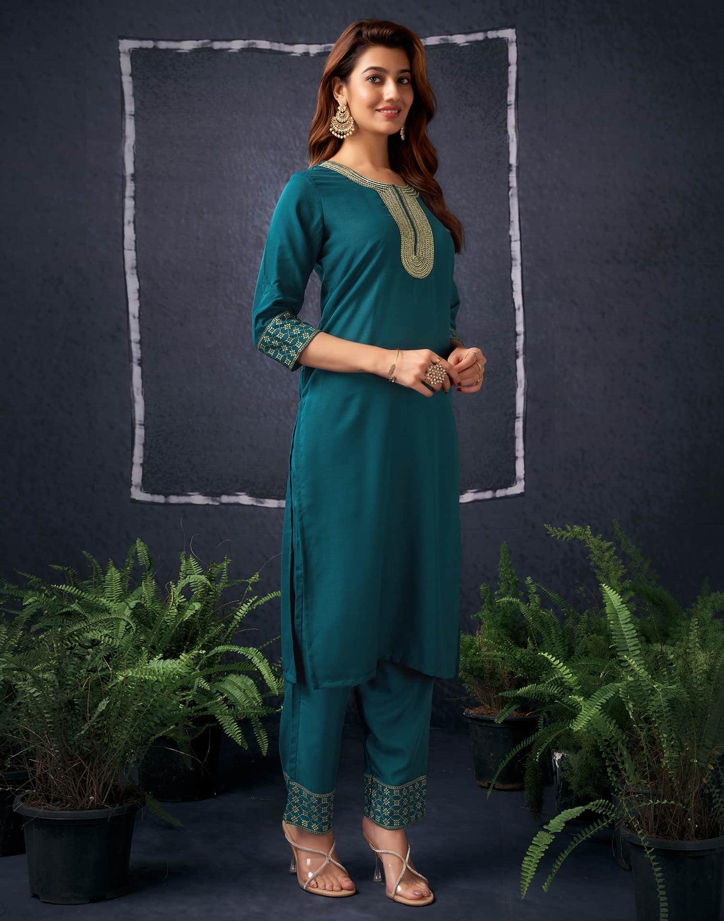 Cotton Blend Sequence Embroidery, Foil Print and Lace Straight Kurta with Pant & Dupatta