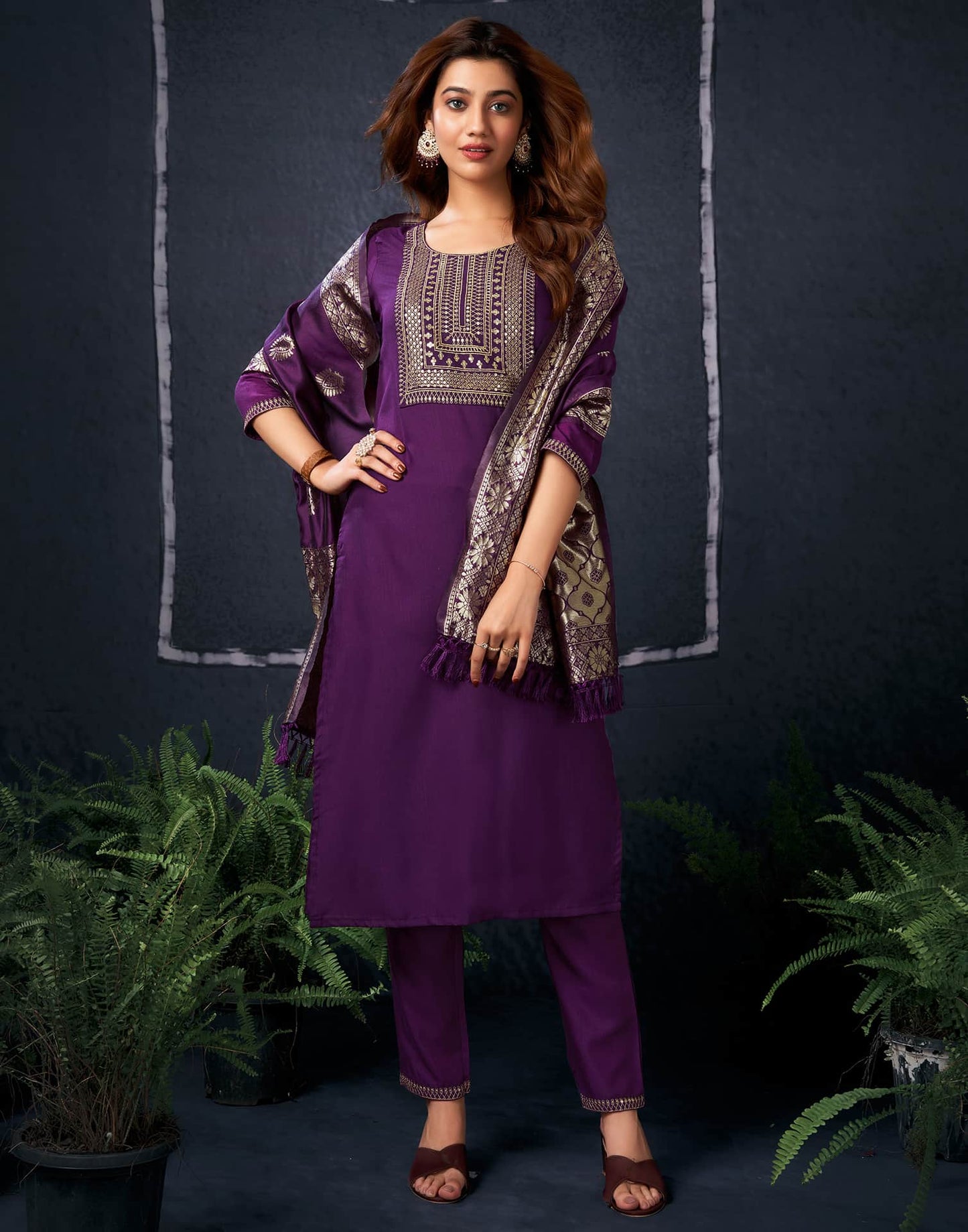 Cotton Blend Sequence, Embroidery and Lace Straight Kurta with Pant & Dupatta