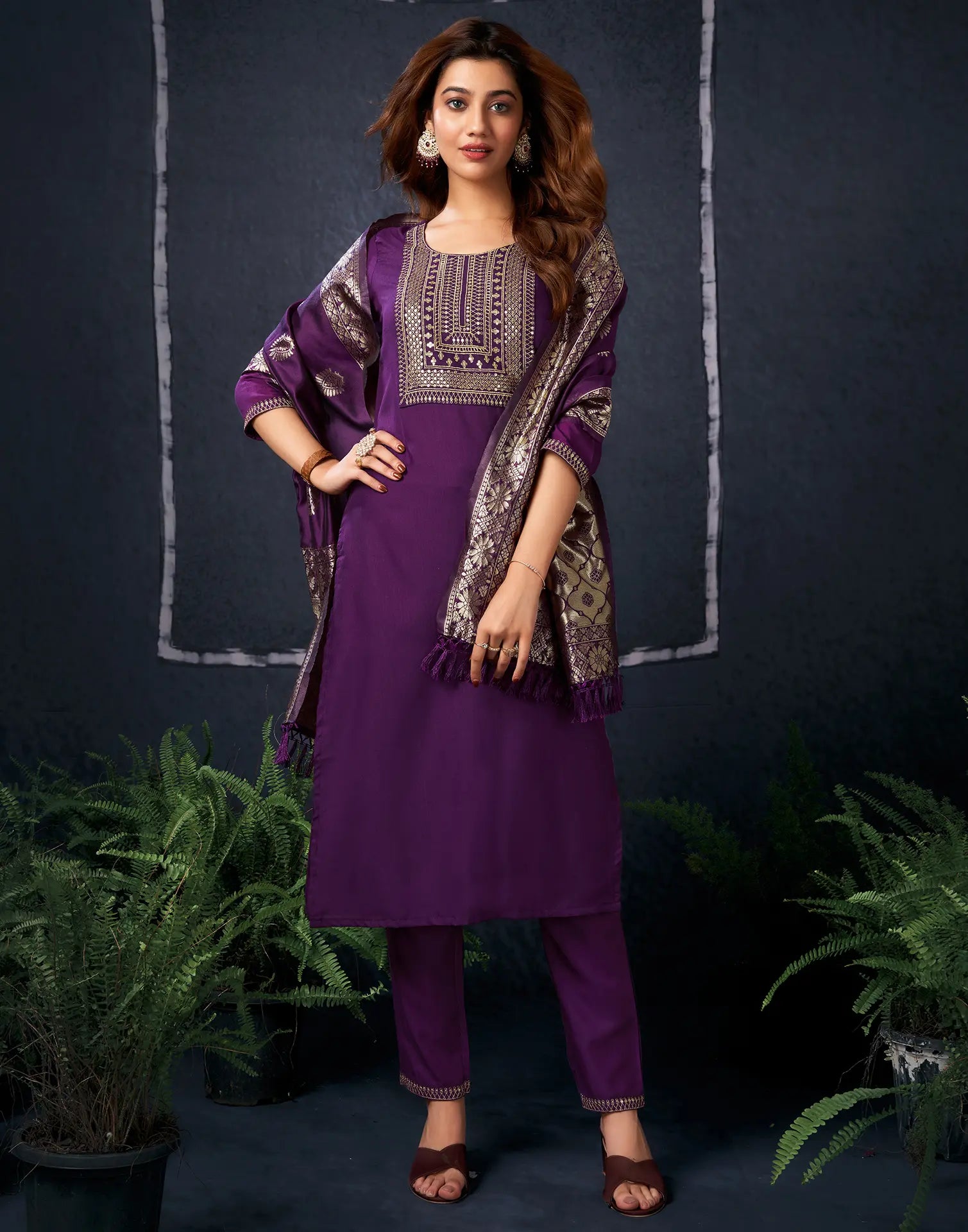 Cotton Blend Embroidered Straight 3 Piece Kurta Set