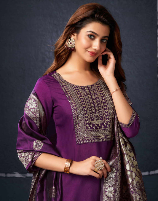 Cotton Blend Sequence, Embroidery and Lace Straight Kurta with Pant & Dupatta