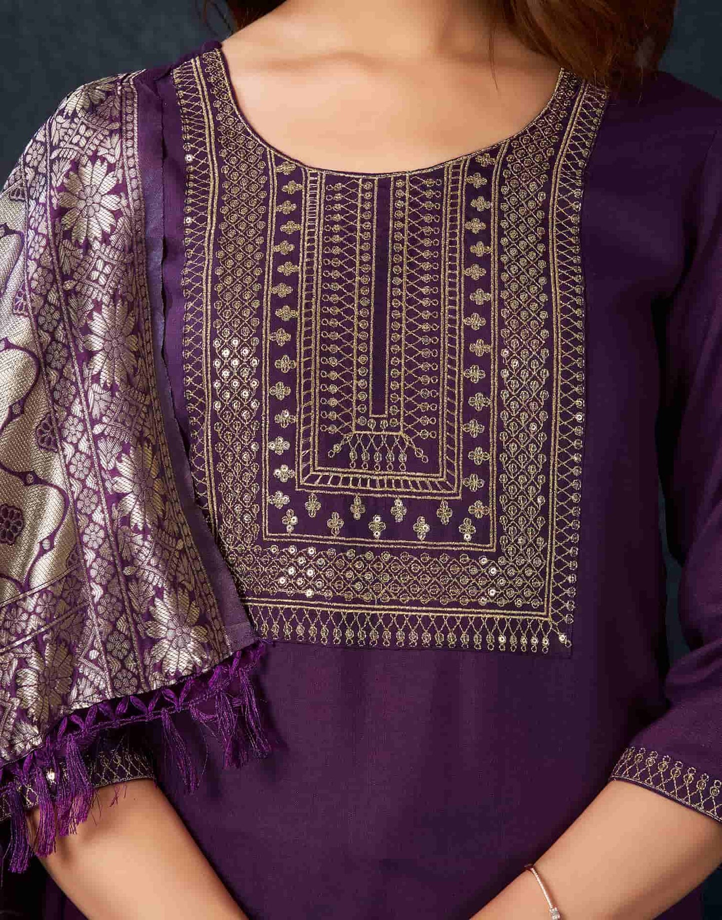 Cotton Blend Sequence, Embroidery and Lace Straight Kurta with Pant & Dupatta