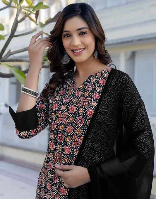 Crepe Floral Printed Straight Kurta with Pant & Dupatta