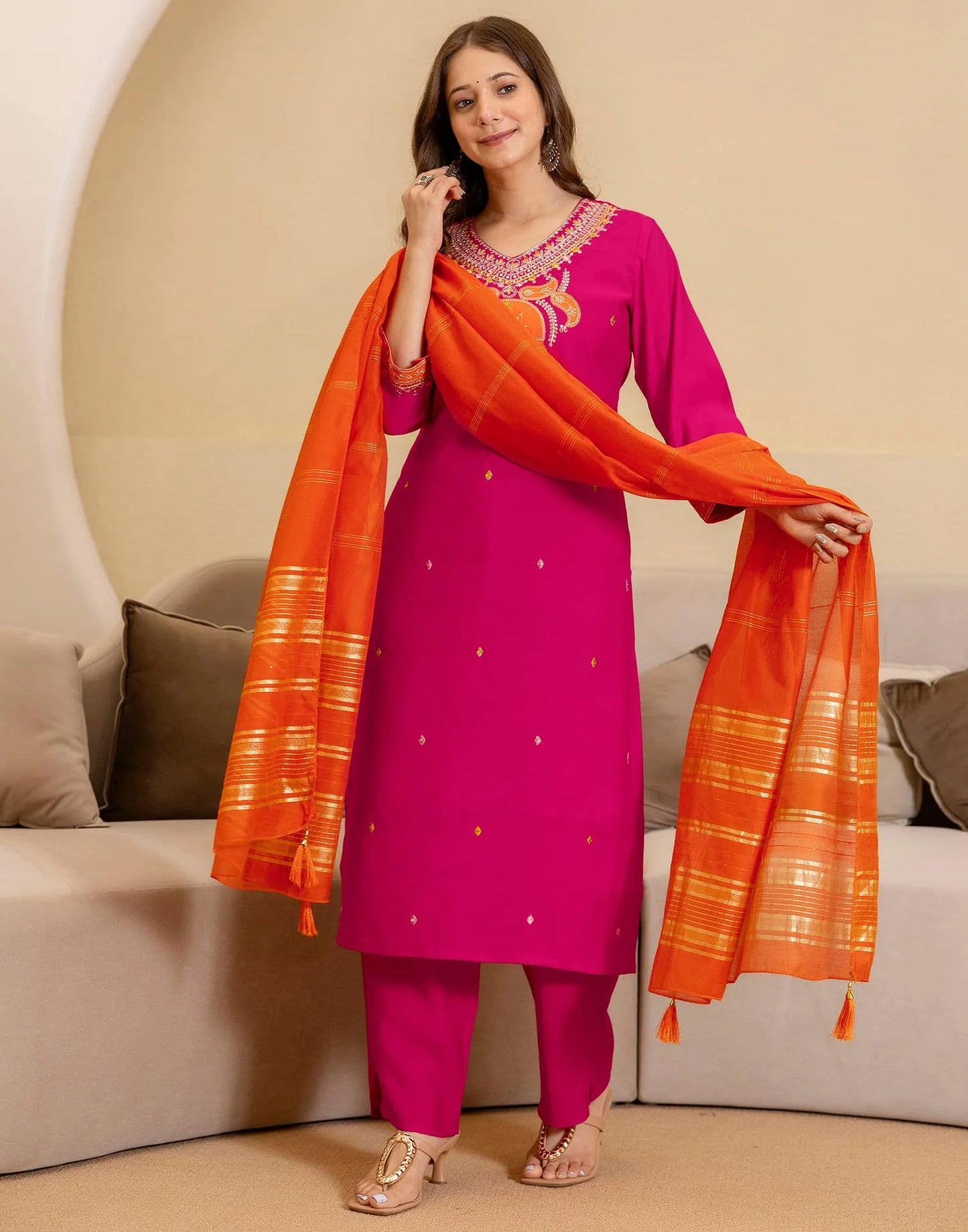Silk Blend Embroidered Straight Kurta with Pant & Dupatta