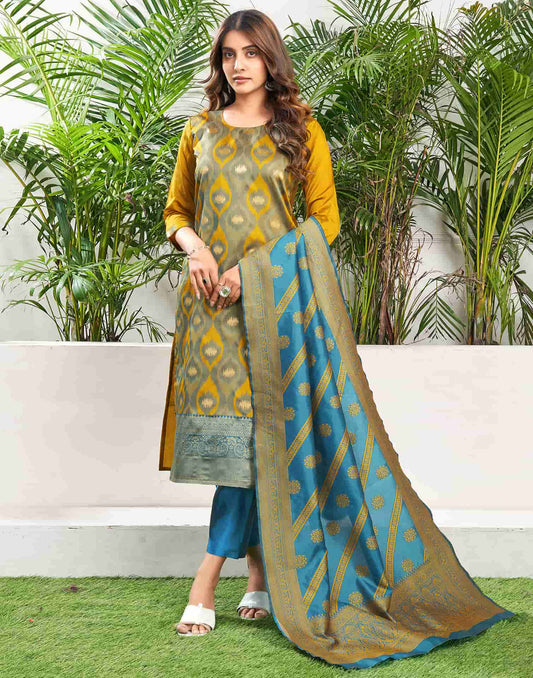 Silk Blend Jacquard Work Straight Kurta with Pant & Dupatta