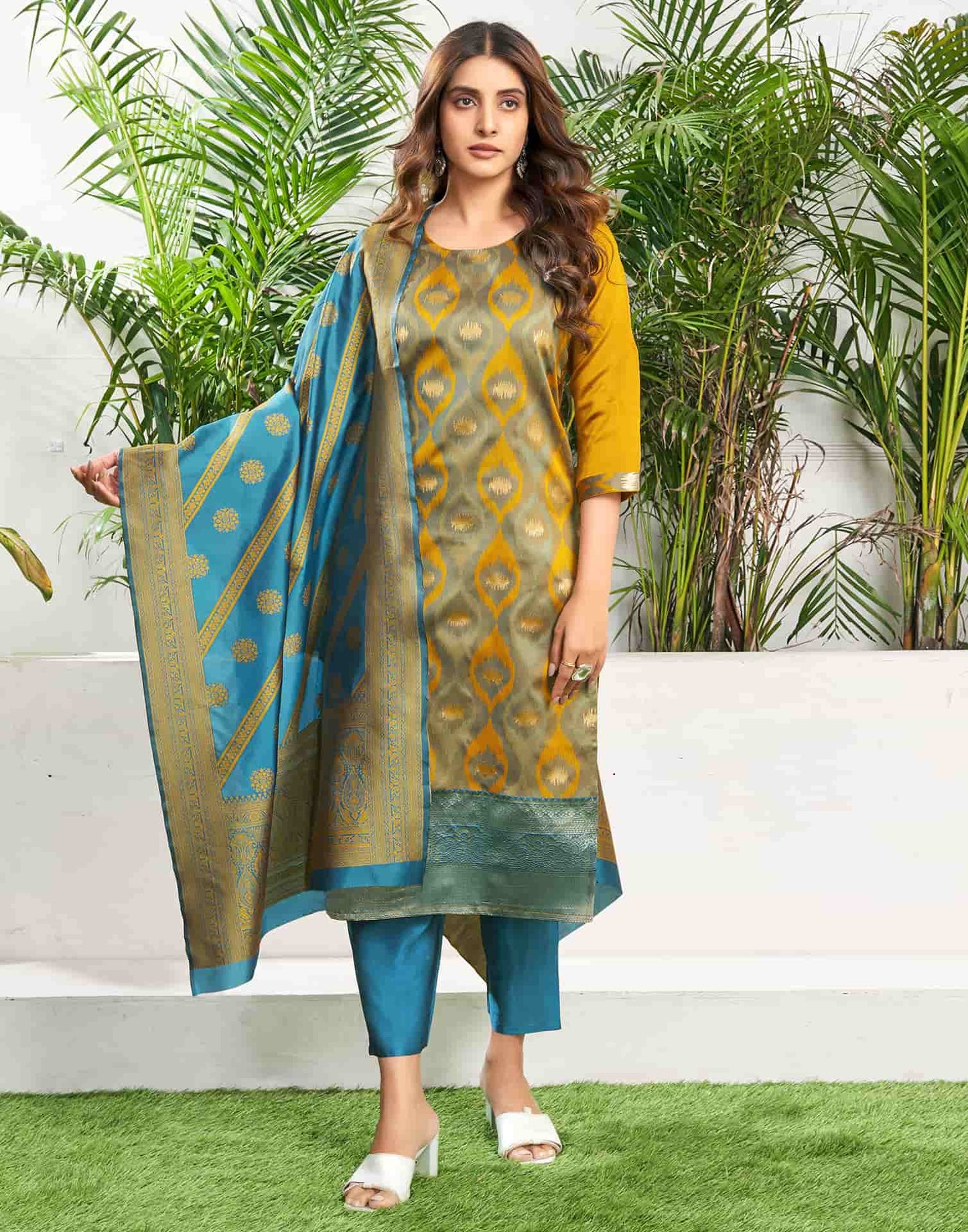Silk Blend Jacquard Work Straight Kurta with Pant & Dupatta