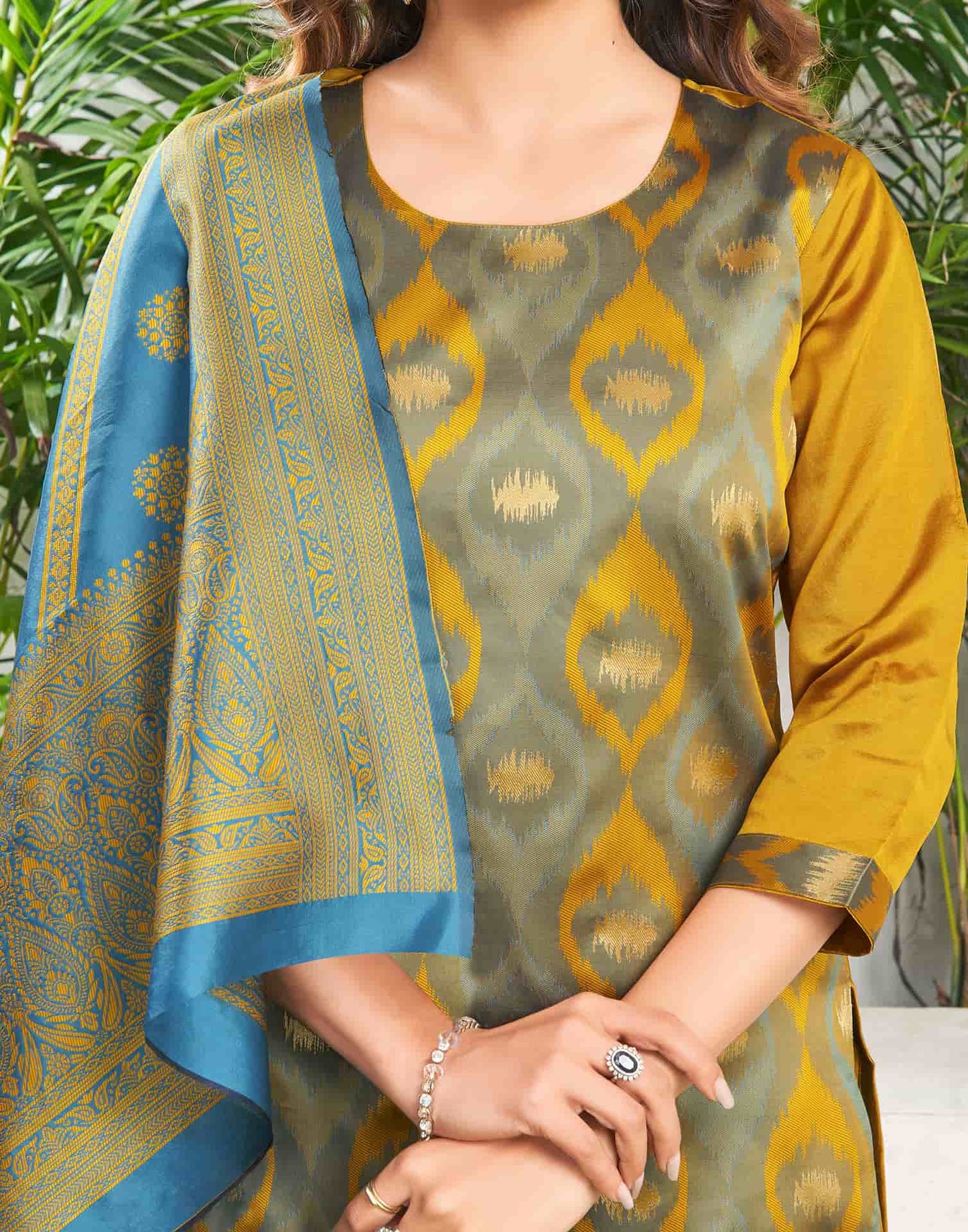 Silk Blend Jacquard Work Straight Kurta with Pant & Dupatta