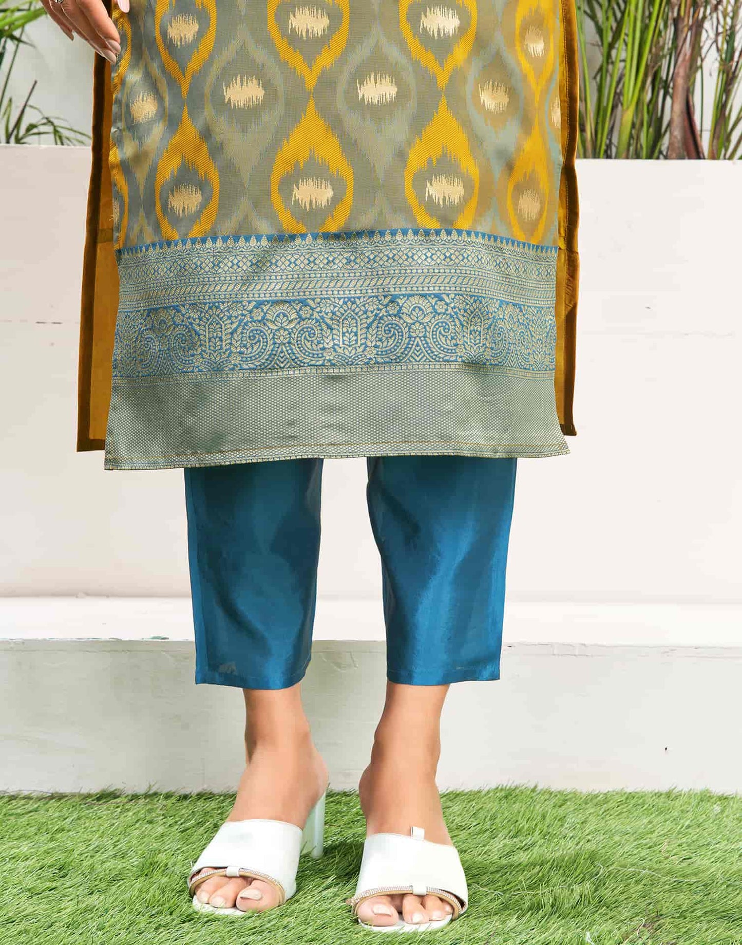 Silk Blend Jacquard Work Straight Kurta with Pant & Dupatta