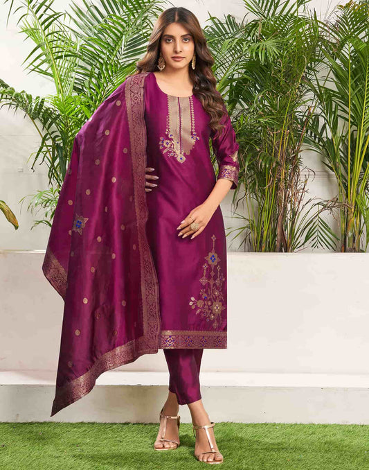 Silk Blend Jacquard Work Straight Kurta with Pant & Dupatta