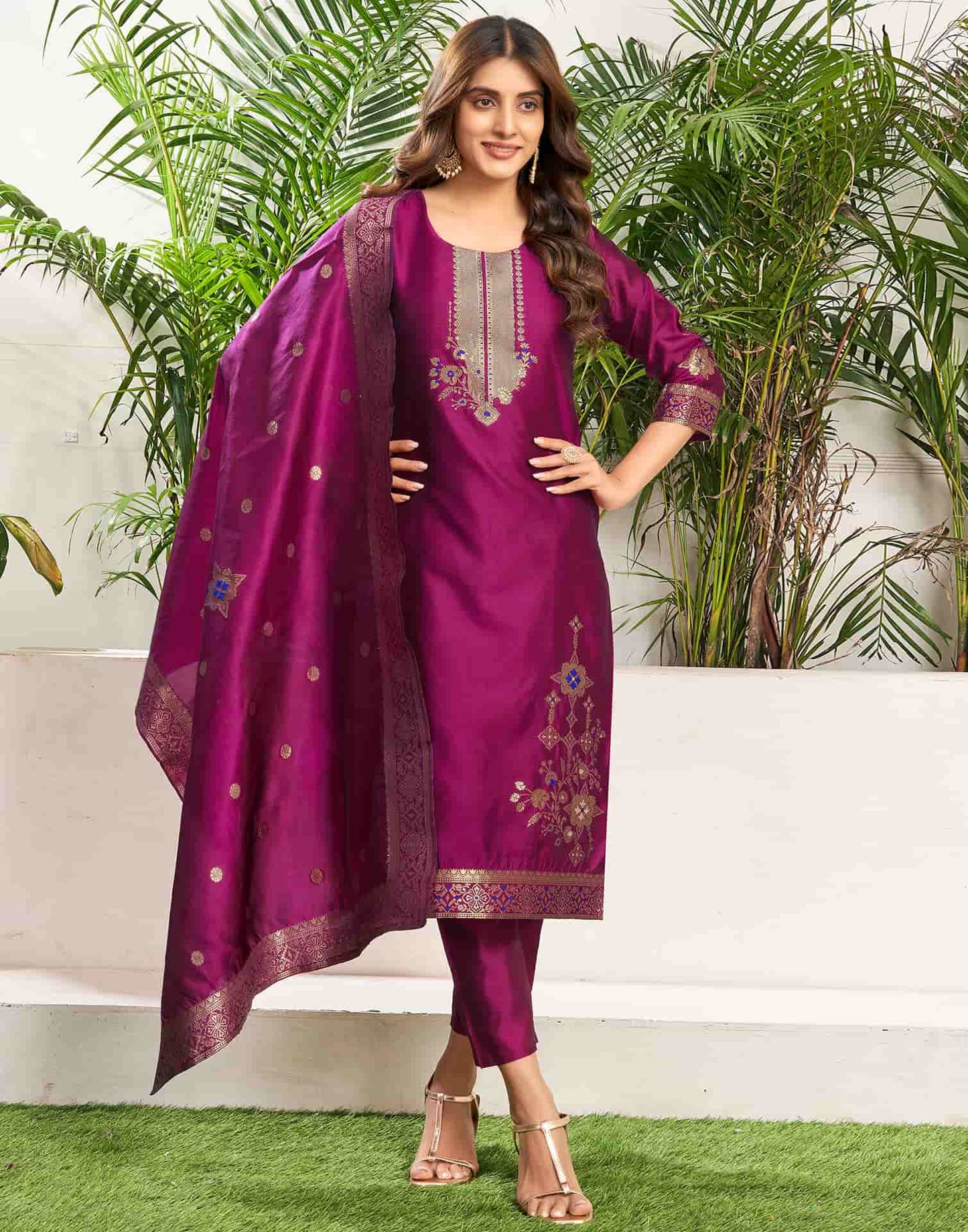 Silk Blend Jacquard Work Straight Kurta with Pant & Dupatta