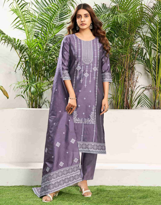 Silk Blend Jacquard Work Straight Kurta with Pant & Dupatta