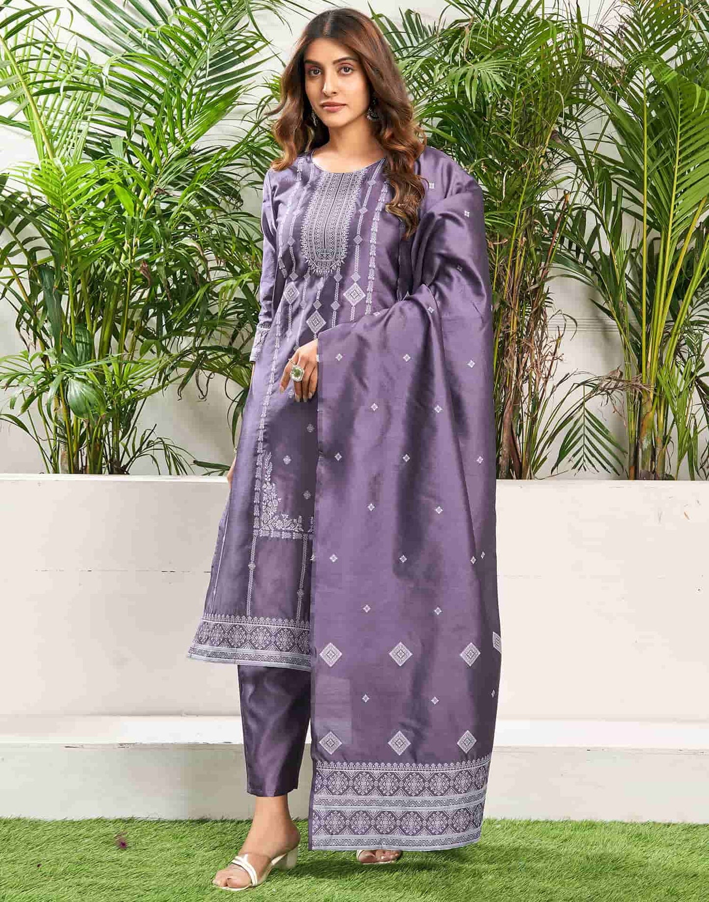 Silk Blend Jacquard Work Straight Kurta with Pant & Dupatta
