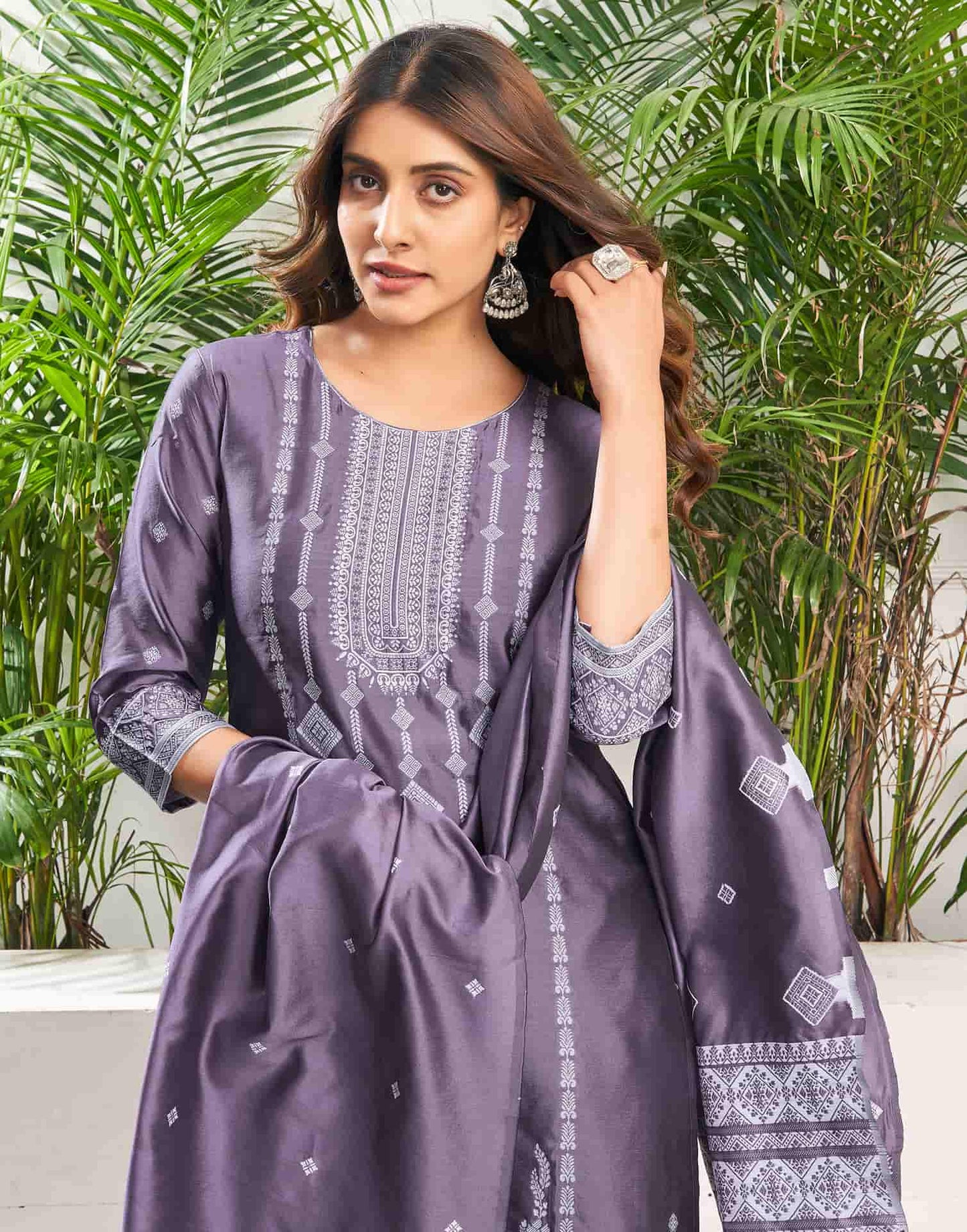 Silk Blend Jacquard Work Straight Kurta with Pant & Dupatta