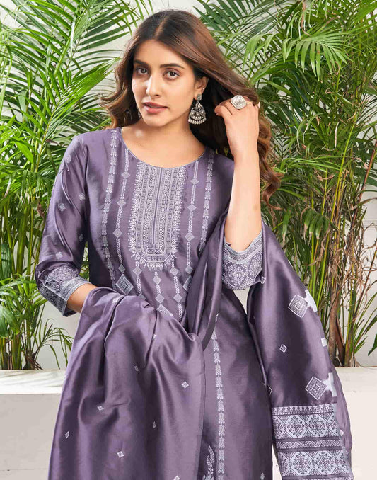 Silk Blend Jacquard Work Straight Kurta with Pant & Dupatta
