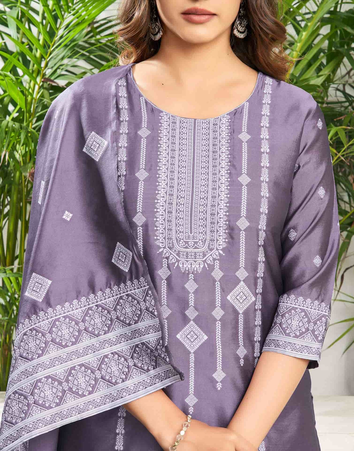 Silk Blend Jacquard Work Straight Kurta with Pant & Dupatta