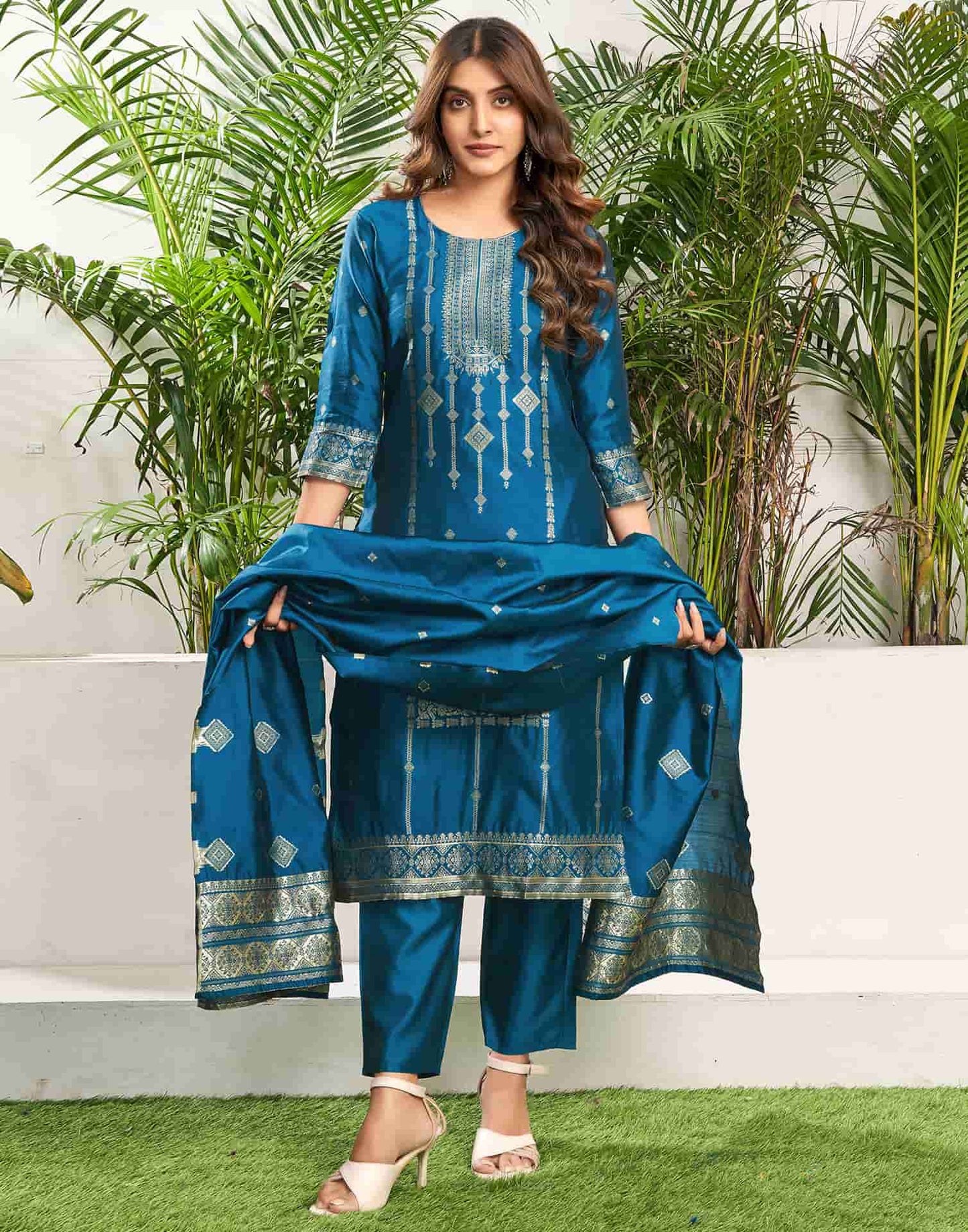 Silk Blend Jacquard Work Straight Kurta with Pant & Dupatta