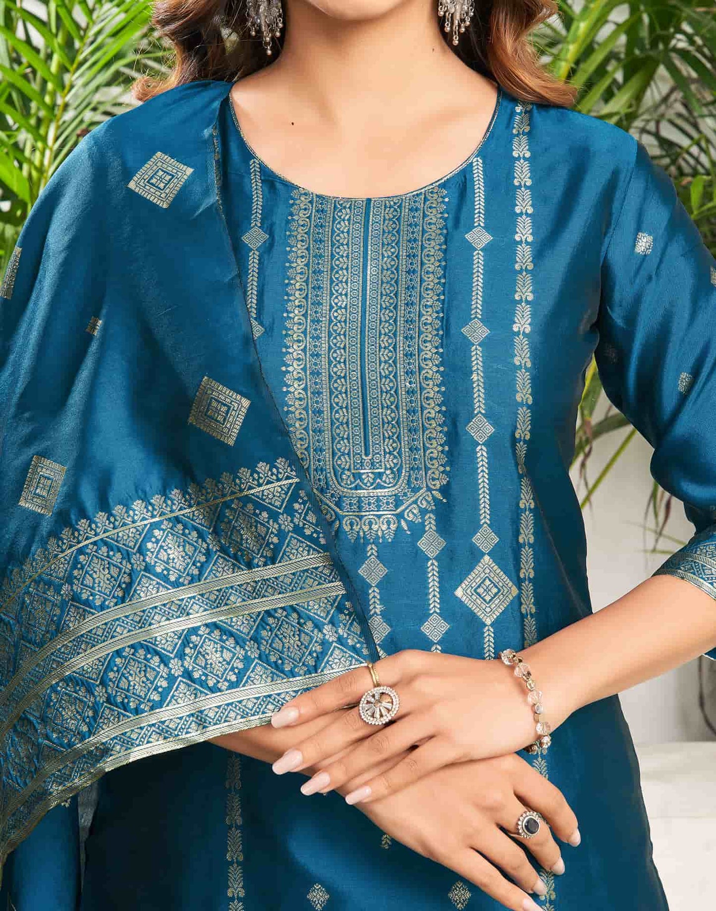 Silk Blend Jacquard Work Straight Kurta with Pant & Dupatta