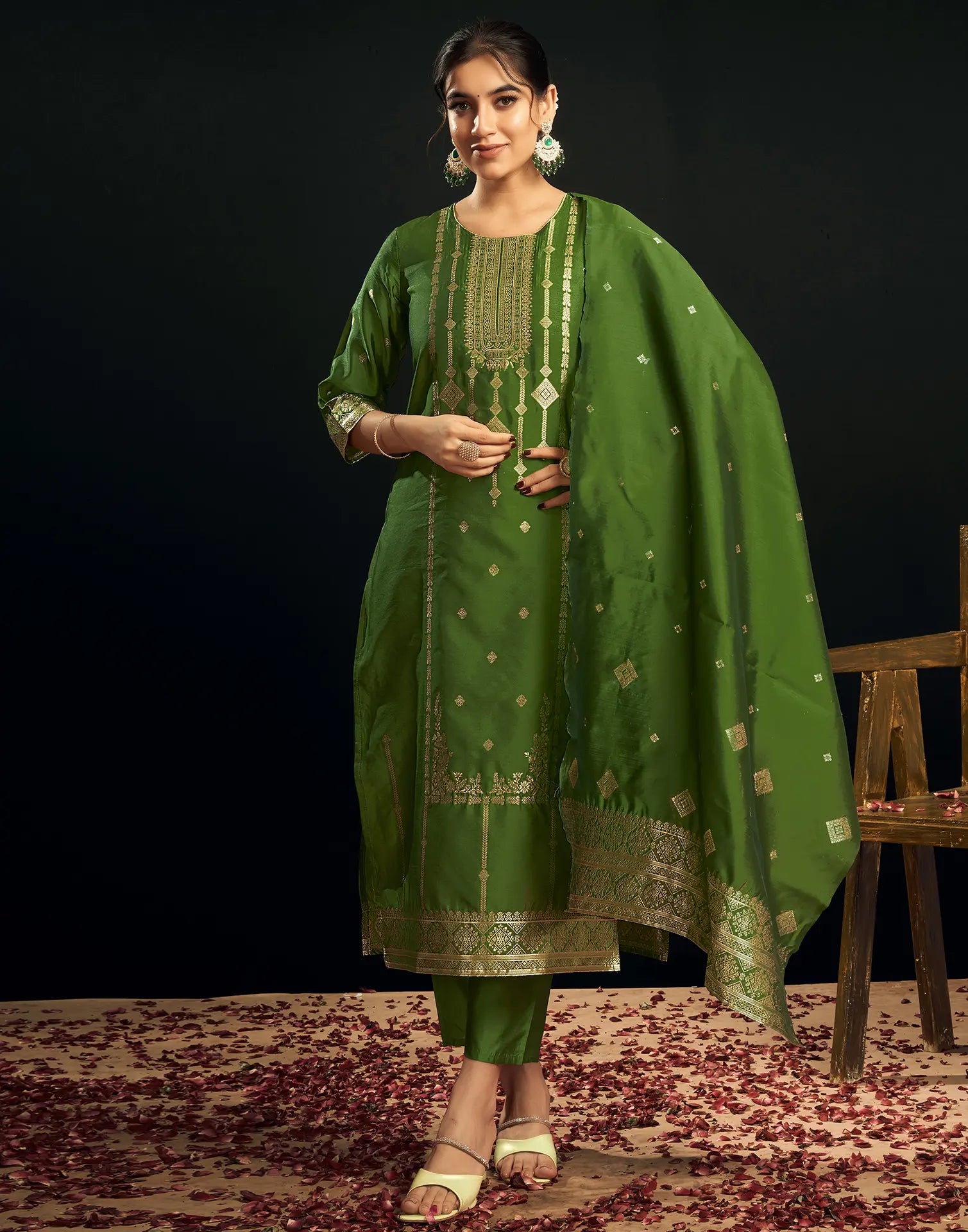 Silk Jacquard Woven Straight 3 Piece Kurta Set