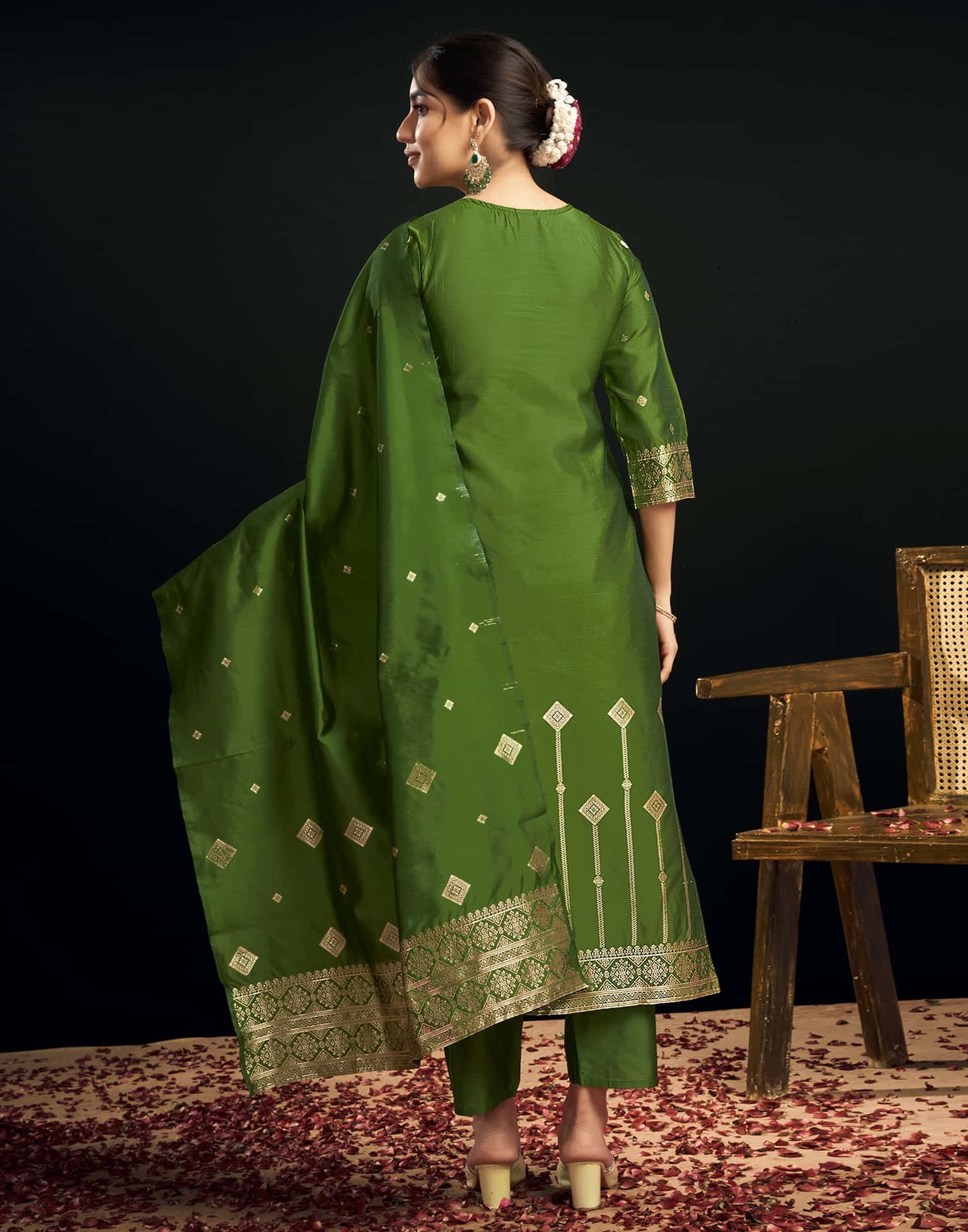 Silk Blend Jacquard Work Straight Kurta with Pant & Dupatta