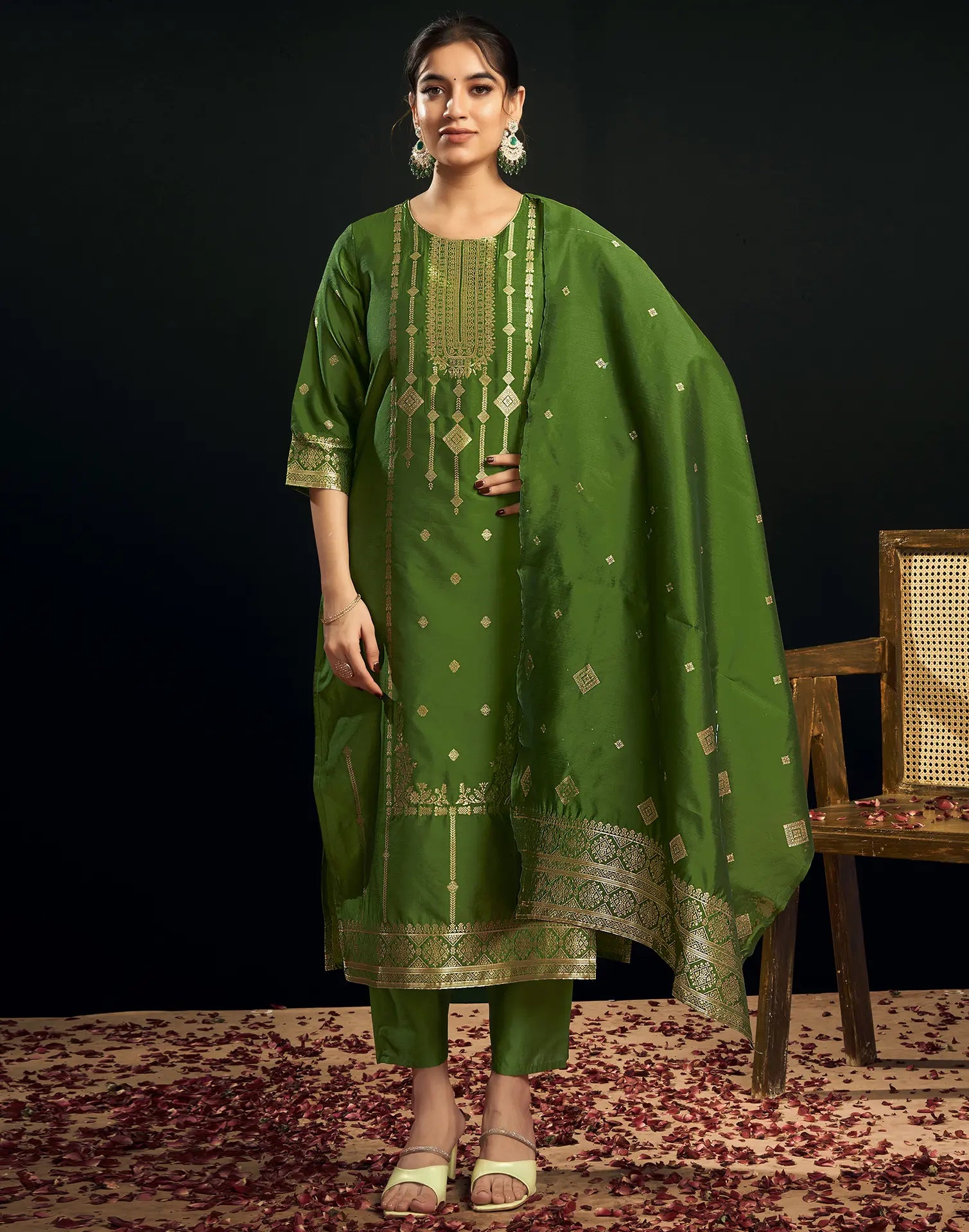 Silk Jacquard Woven Straight 3 Piece Kurta Set