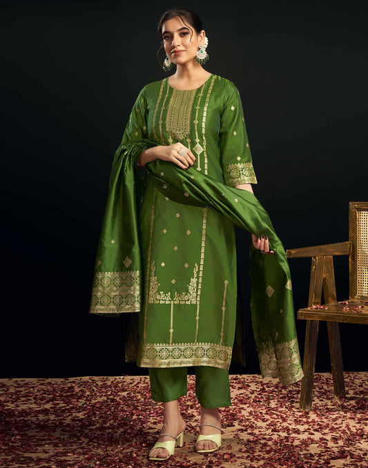 Silk Blend Jacquard Work Straight Kurta with Pant & Dupatta