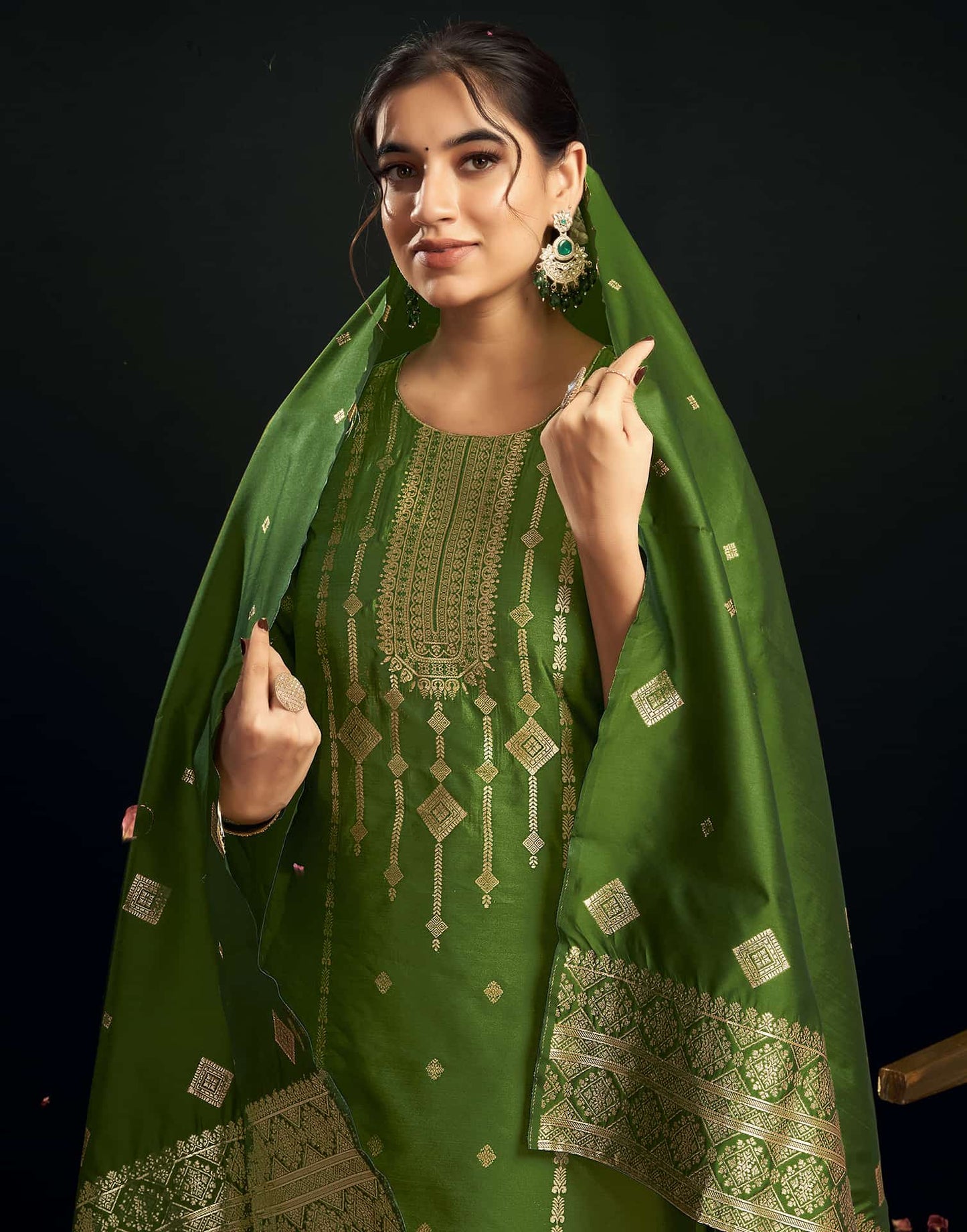Silk Blend Jacquard Work Straight Kurta with Pant & Dupatta