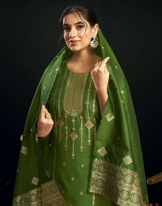 Silk Blend Jacquard Work Straight Kurta with Pant & Dupatta