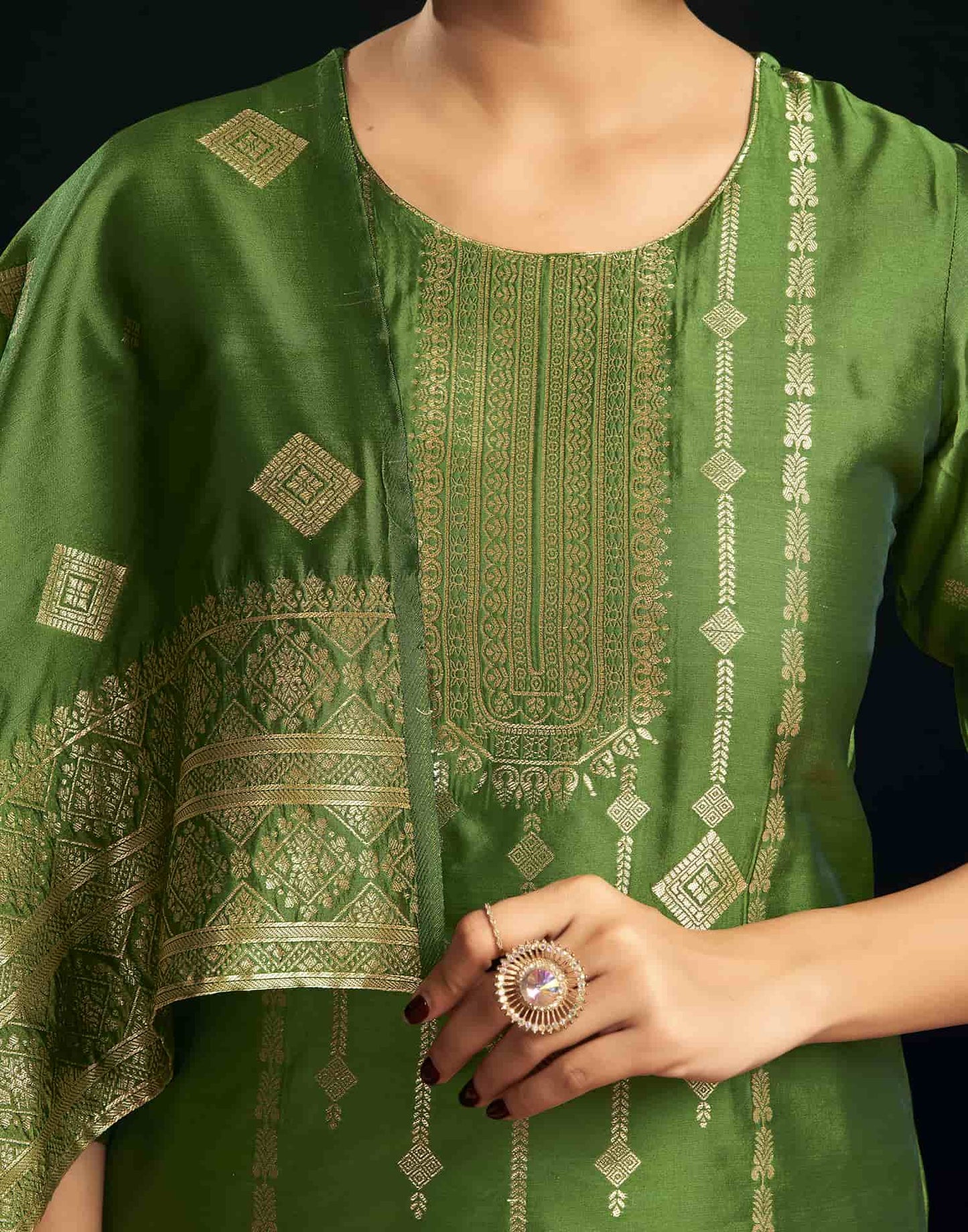 Silk Blend Jacquard Work Straight Kurta with Pant & Dupatta