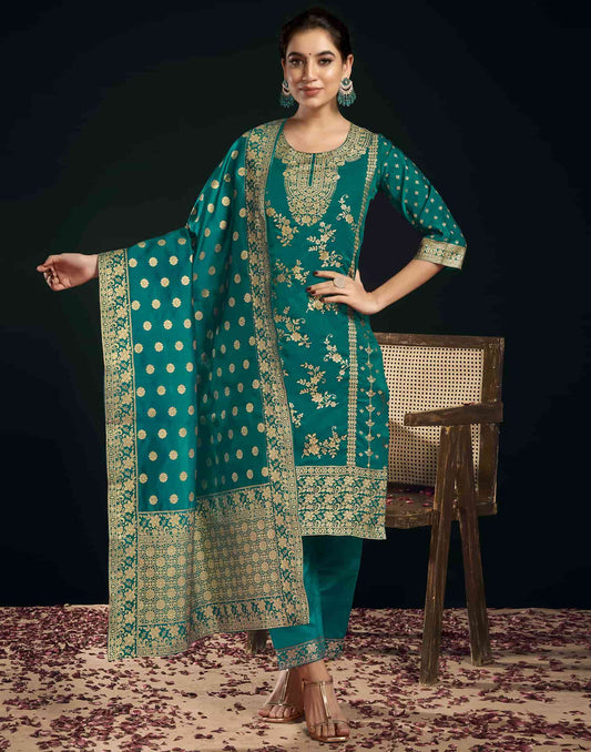Silk Blend Jacquard Work Straight Kurta with Pant & Dupatta