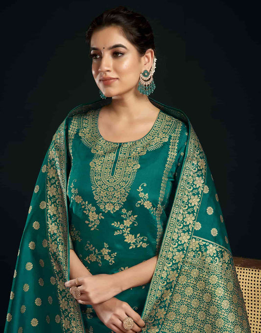 Silk Blend Jacquard Work Straight Kurta with Pant & Dupatta