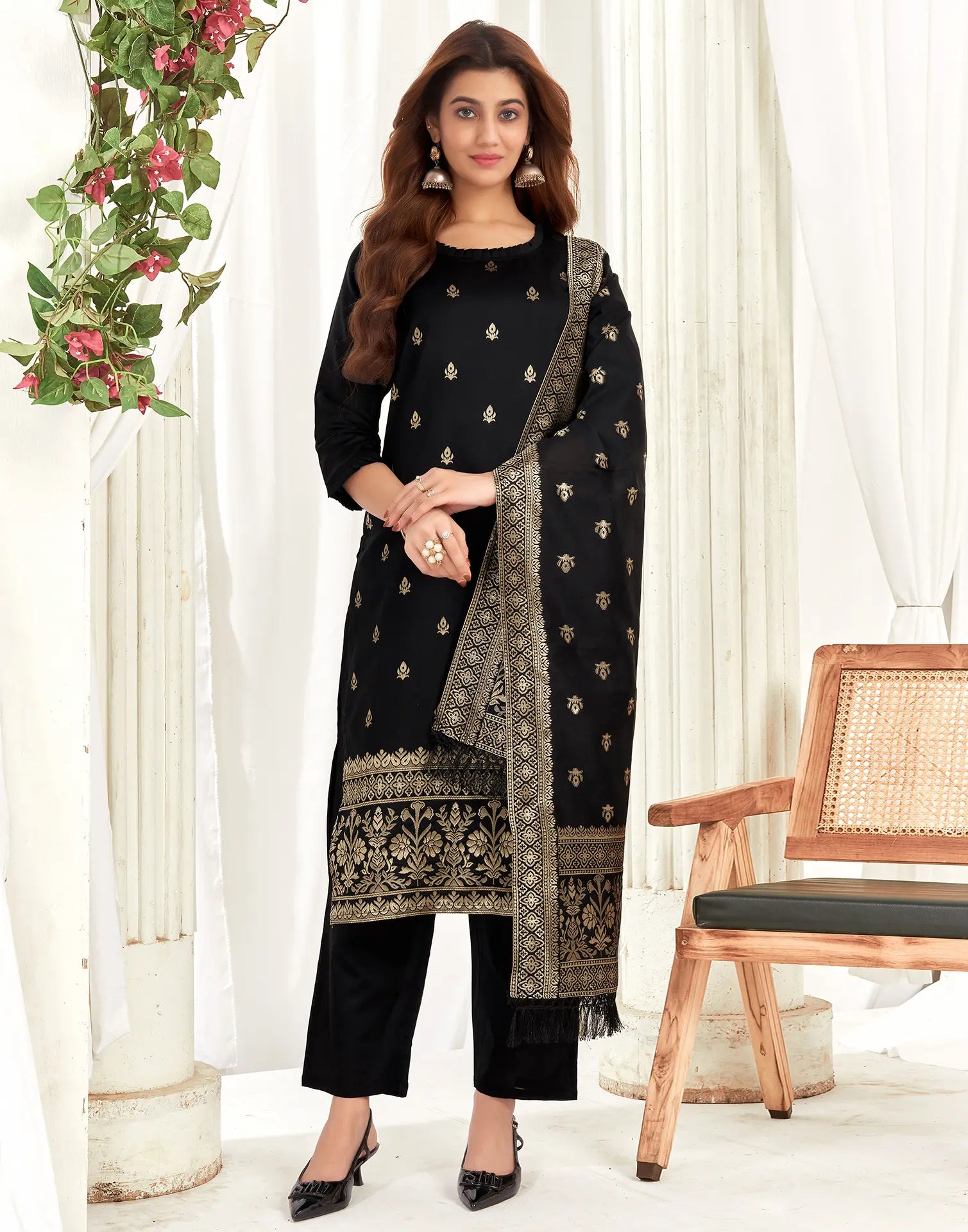 Silk Jacquard Woven Straight 3 Piece Kurta Set
