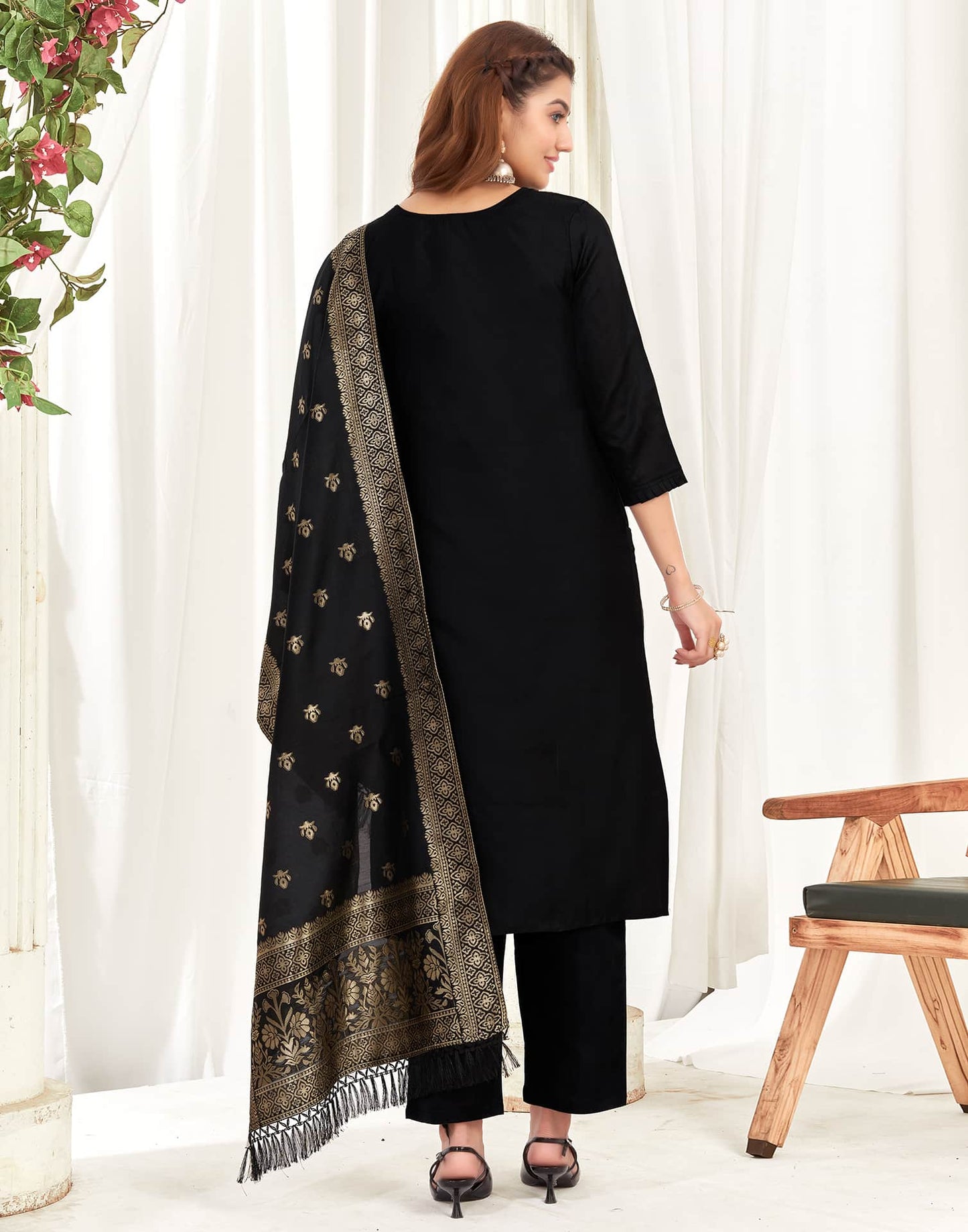 Silk Blend Jacquard Work Straight Kurta with Pant & Dupatta