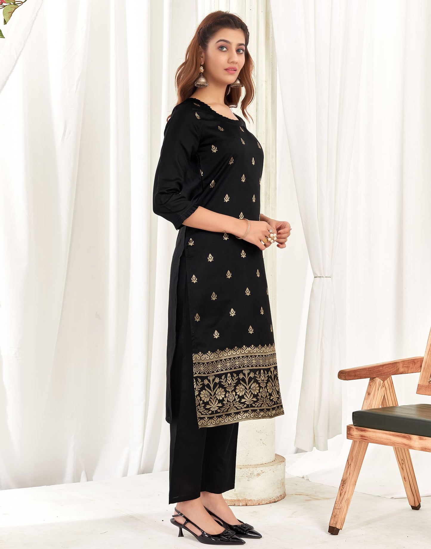 Silk Blend Jacquard Work Straight Kurta with Pant & Dupatta