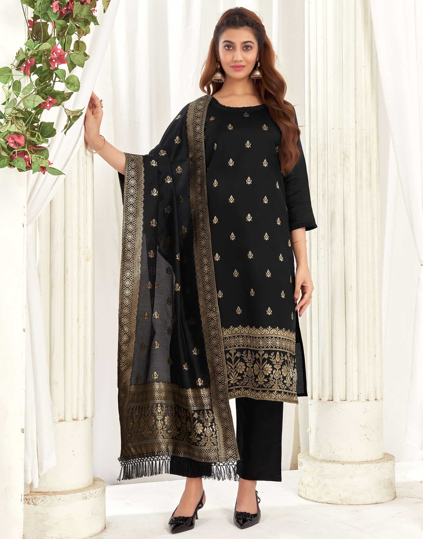 Silk Blend Jacquard Work Straight Kurta with Pant & Dupatta