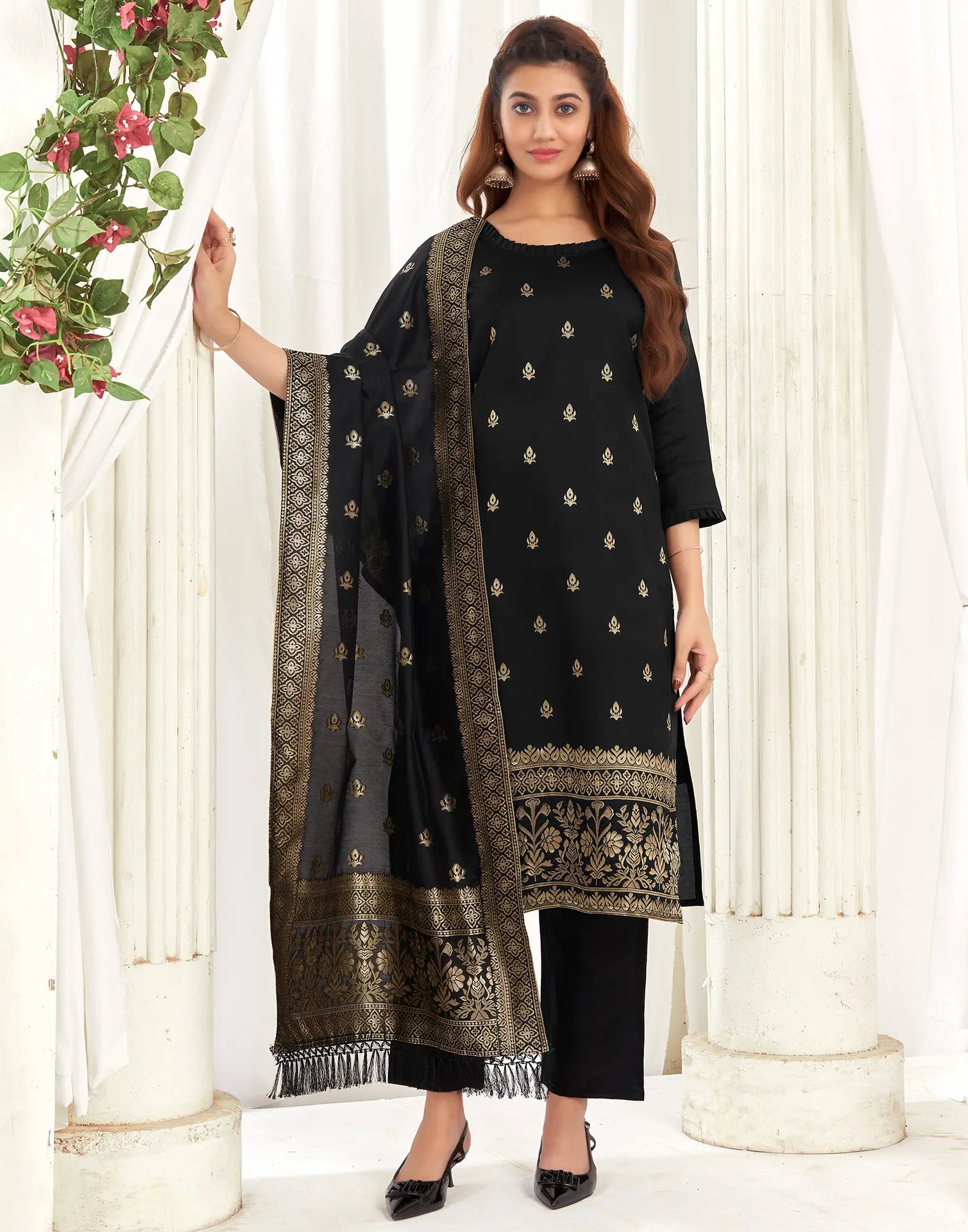 Silk Jacquard Woven Straight 3 Piece Kurta Set