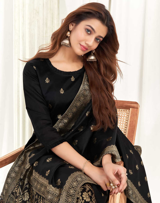 Silk Blend Jacquard Work Straight Kurta with Pant & Dupatta