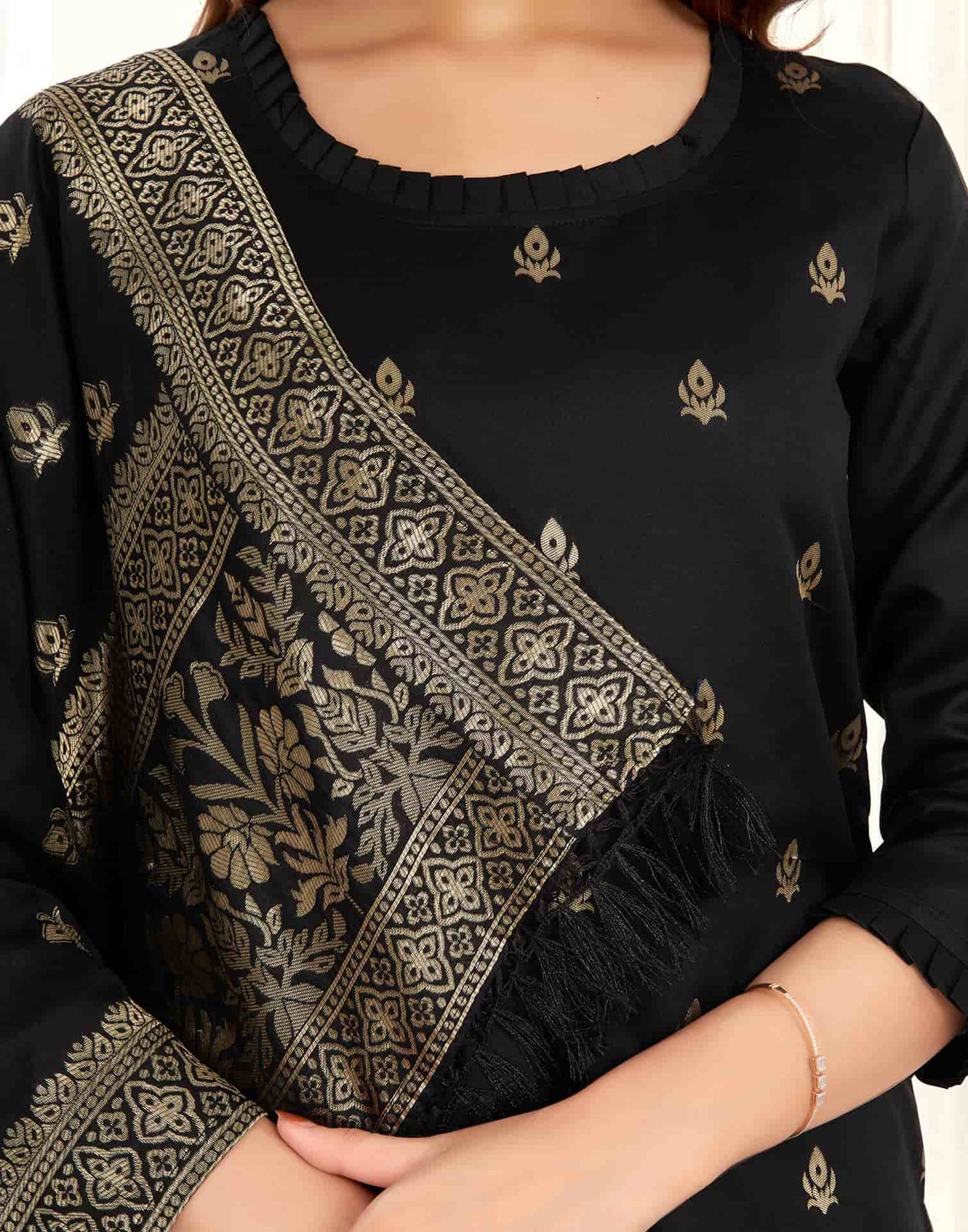 Silk Blend Jacquard Work Straight Kurta with Pant & Dupatta