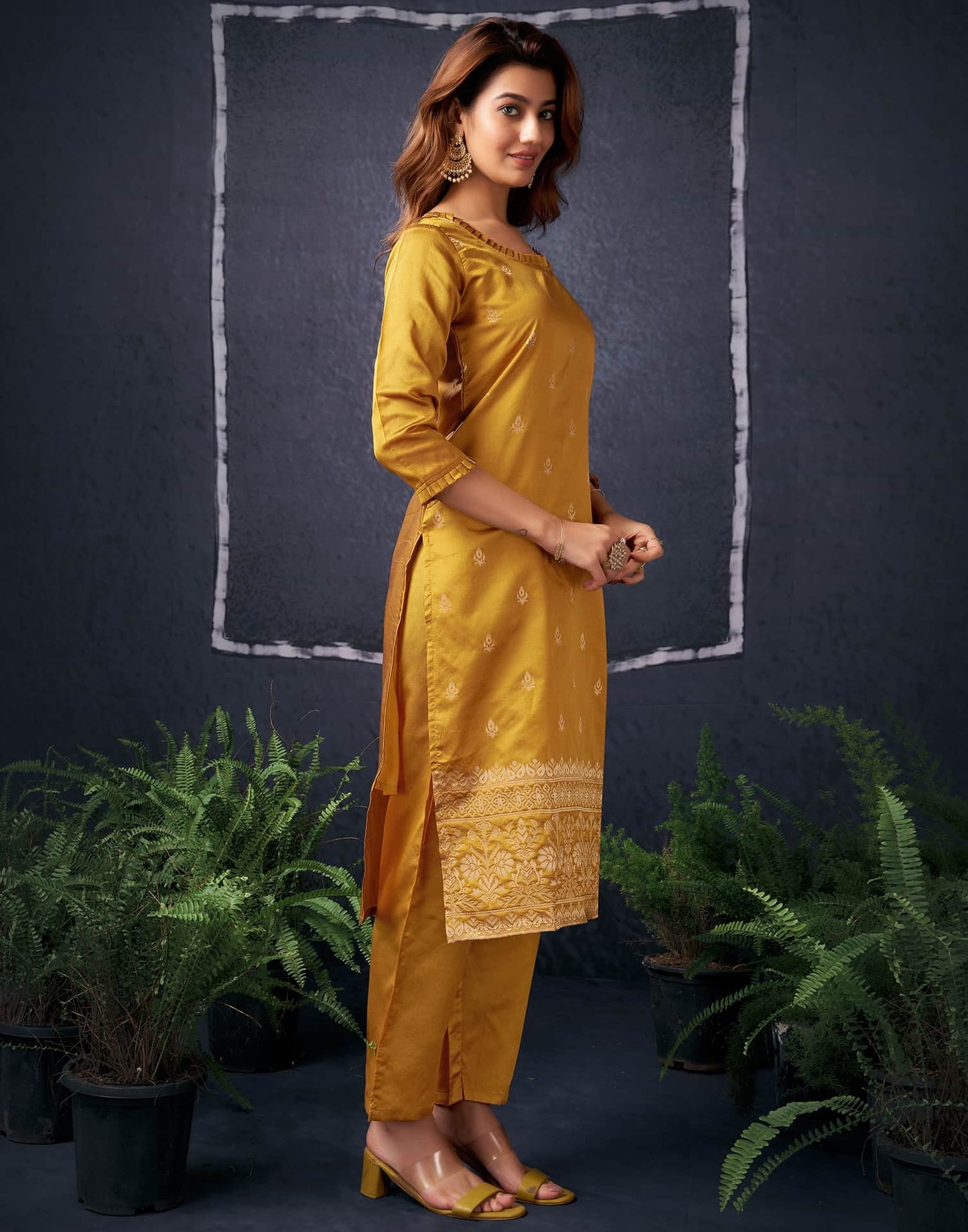 Silk Blend Jacquard Work Straight Kurta with Pant & Dupatta