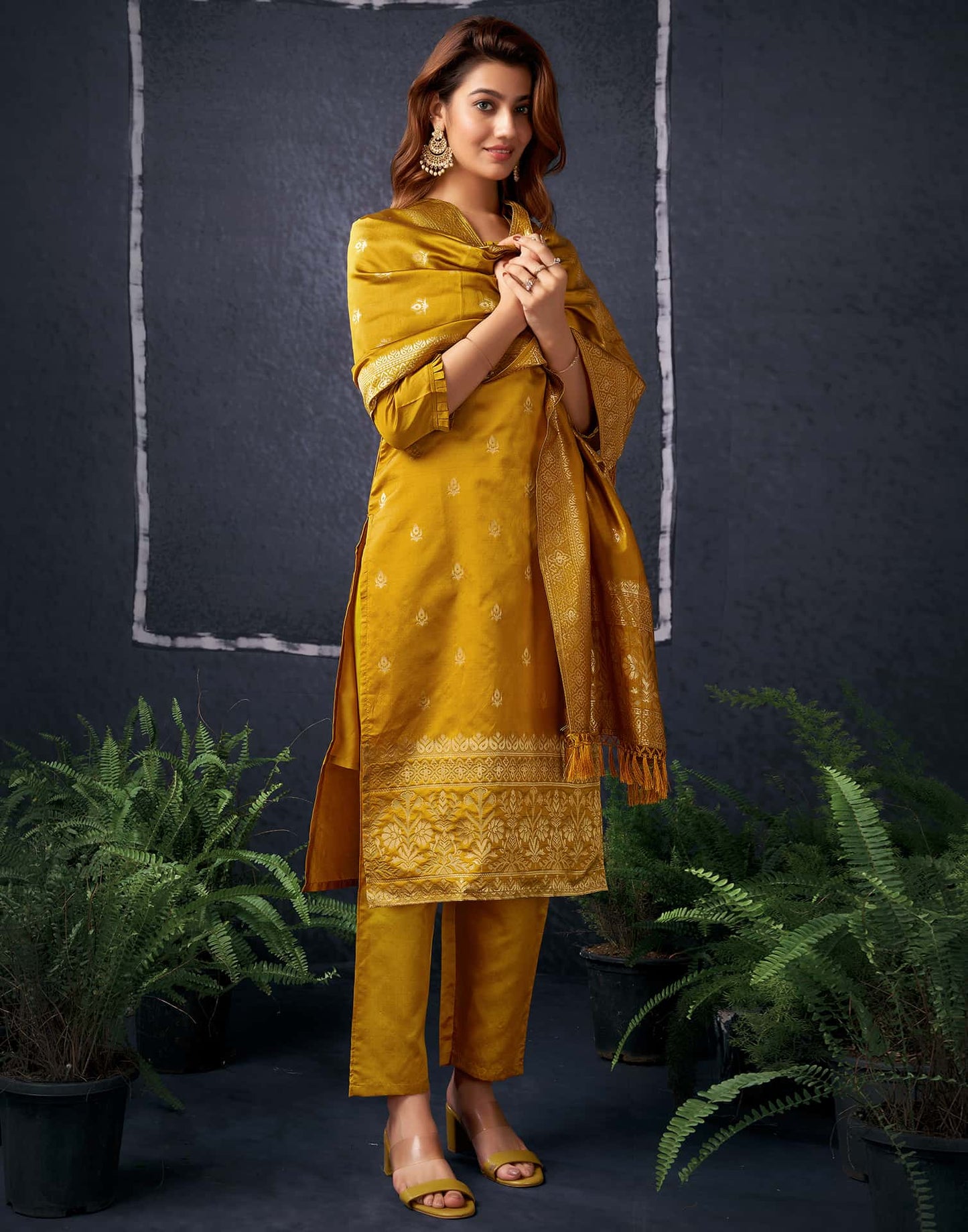 Silk Blend Jacquard Work Straight Kurta with Pant & Dupatta