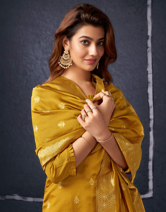Silk Blend Jacquard Work Straight Kurta with Pant & Dupatta