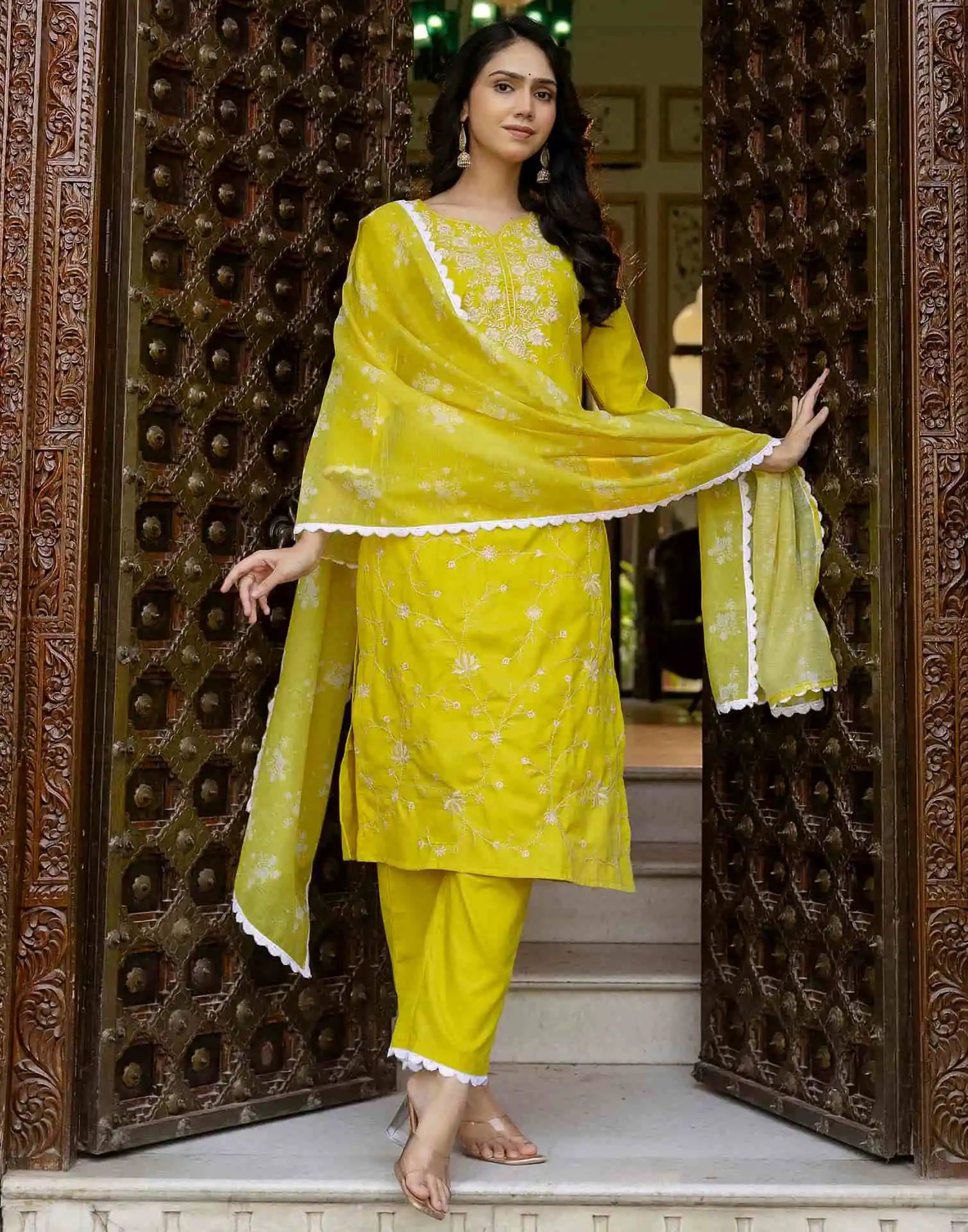 Skylee Cotton Blend Embroidered Straight 3 Piece Kurta Set For Woman