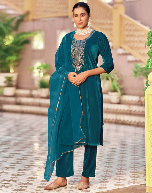 Velvet Sequins, Embroidery and Gota Lace Straight Kurta with Pant & Dupatta