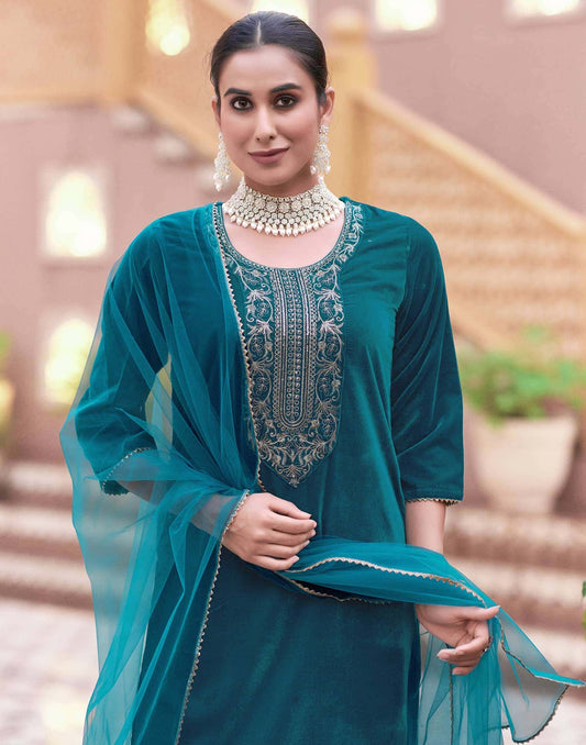 Velvet Sequins, Embroidery and Gota Lace Straight Kurta with Pant & Dupatta