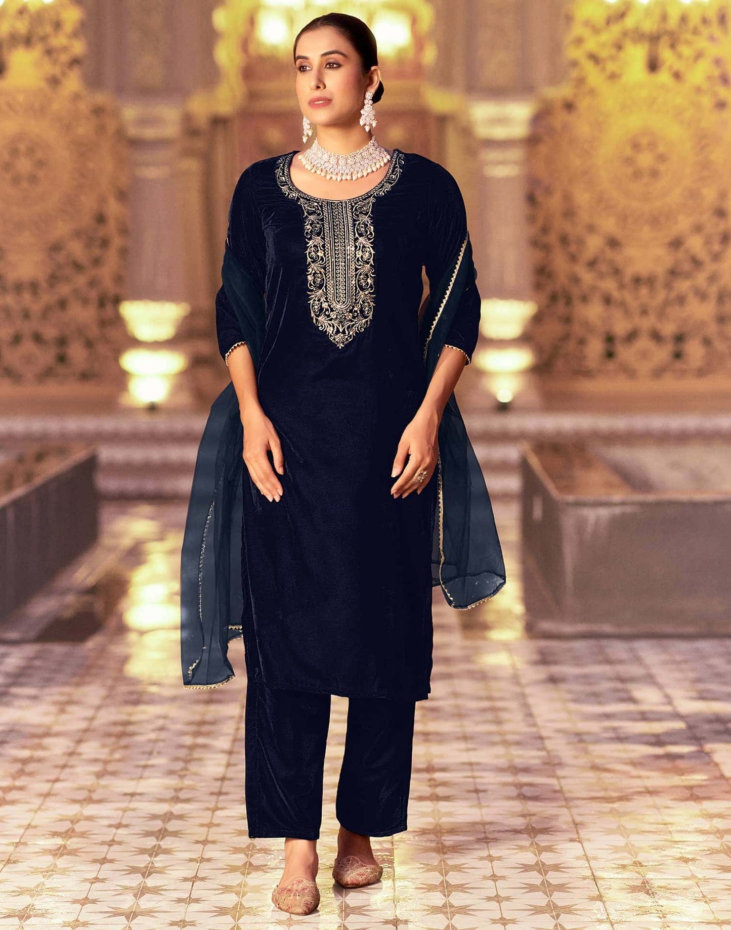 Velvet Sequins, Embroidery and Gota Lace Straight Kurta with Pant & Dupatta