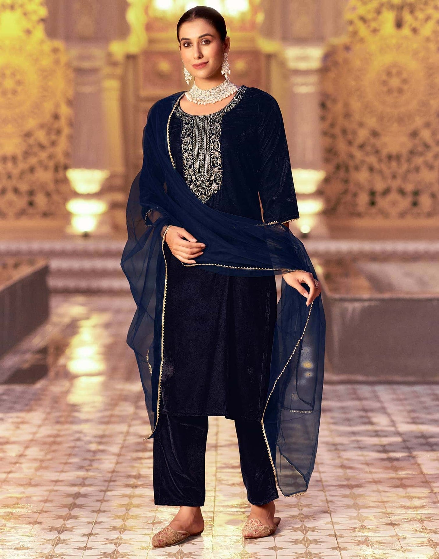 Velvet Sequins, Embroidery and Gota Lace Straight Kurta with Pant & Dupatta