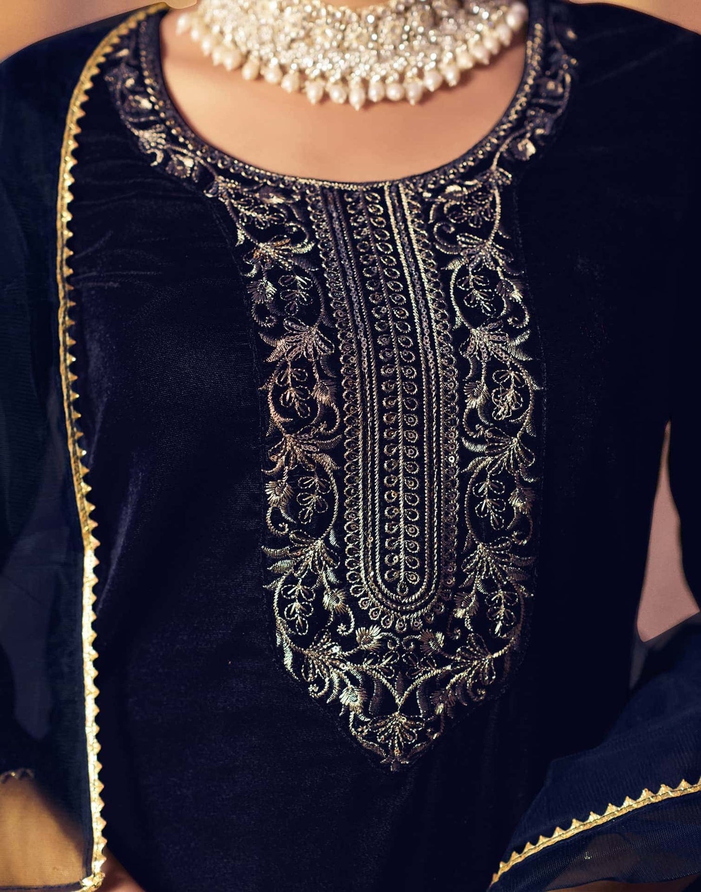 Velvet Sequins, Embroidery and Gota Lace Straight Kurta with Pant & Dupatta