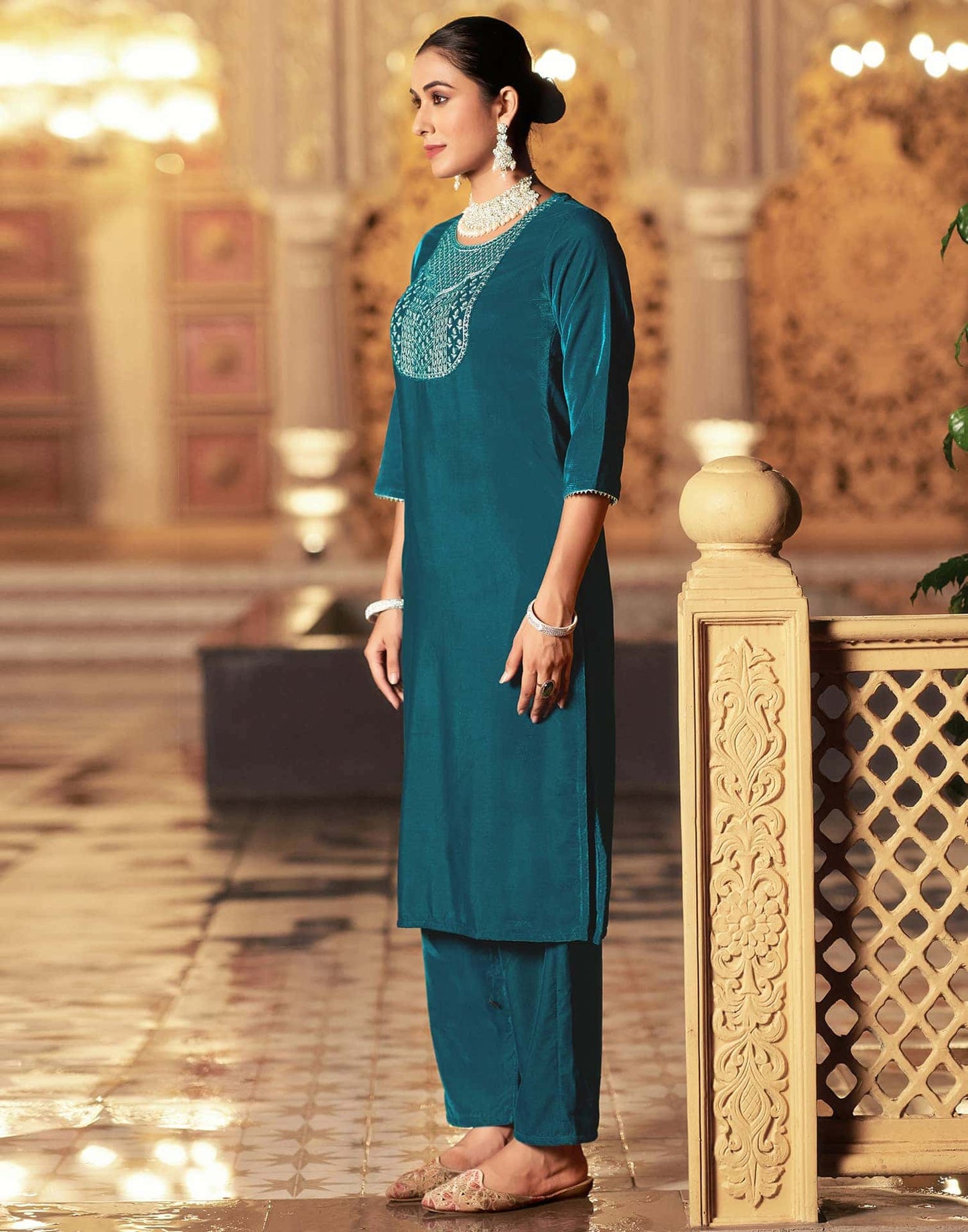 Velvet Sequins, Embroidery and Gota Lace Straight Kurta with Pant & Dupatta