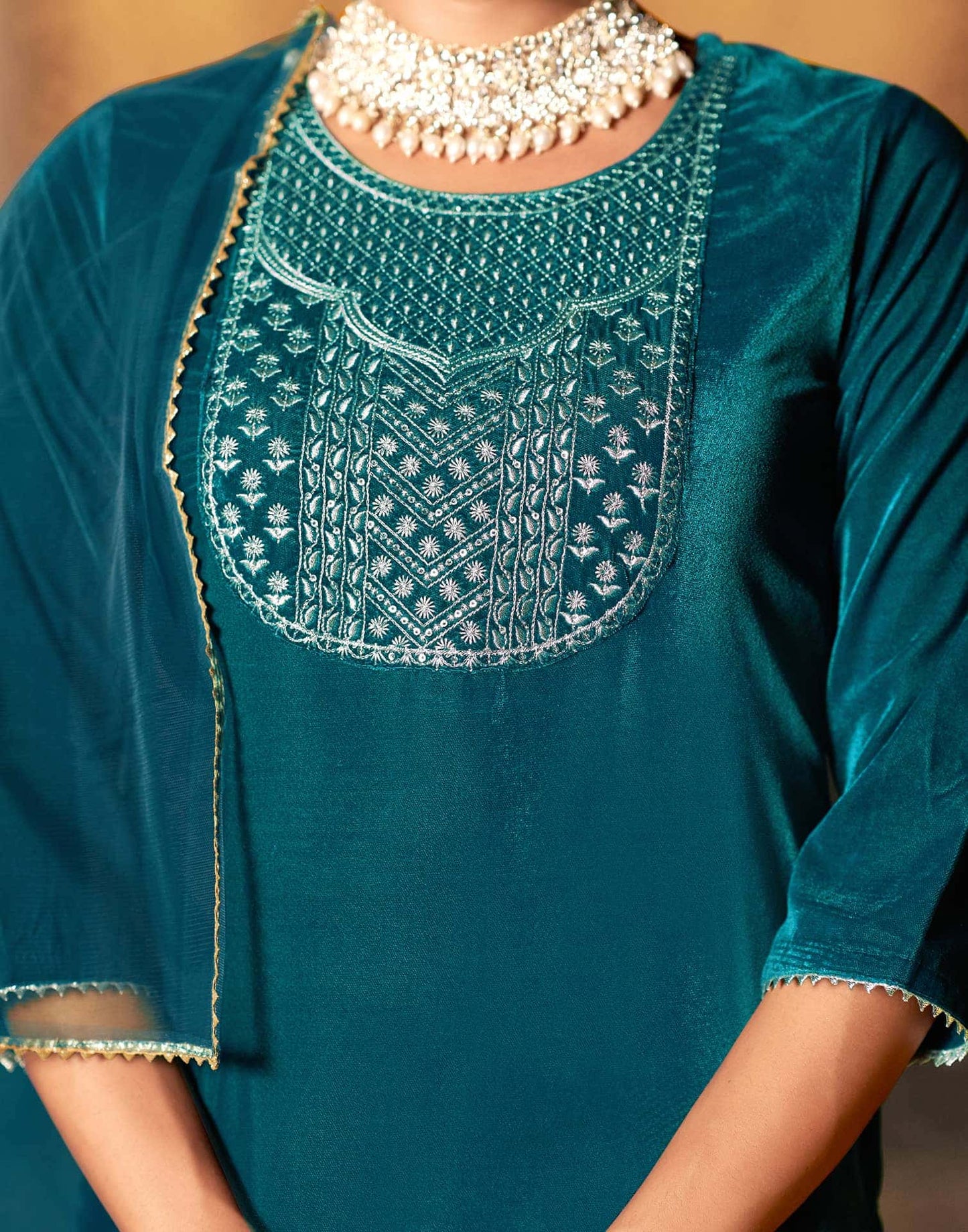 Velvet Sequins, Embroidery and Gota Lace Straight Kurta with Pant & Dupatta