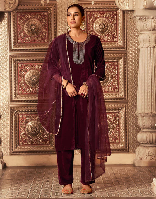 Velvet Sequins, Embroidery and Gota Lace Straight Kurta with Pant & Dupatta