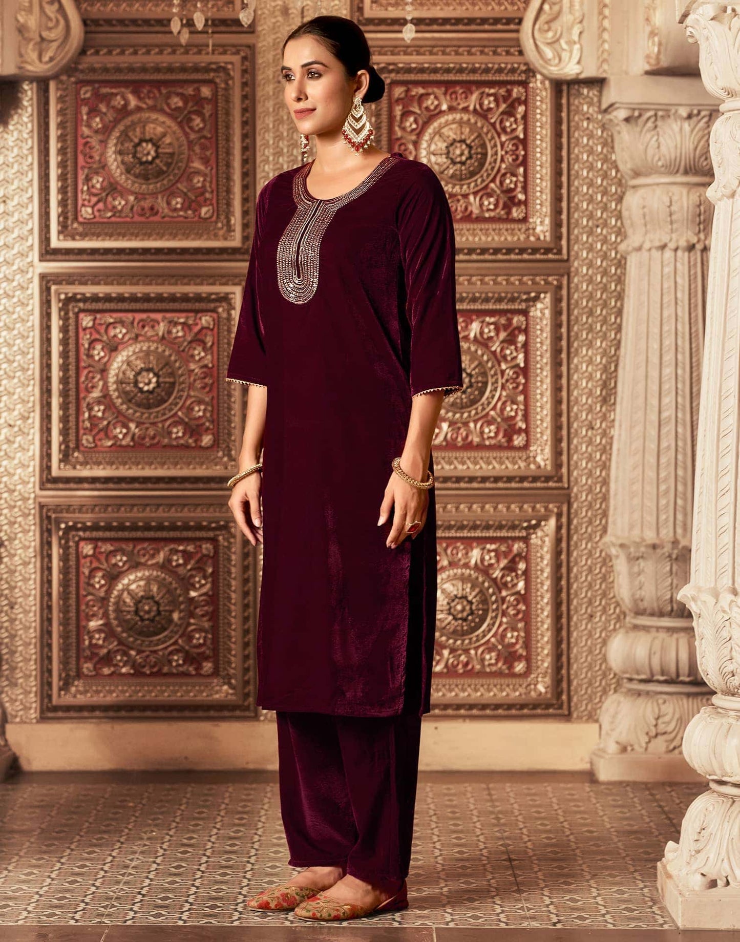 Velvet Sequins, Embroidery and Gota Lace Straight Kurta with Pant & Dupatta