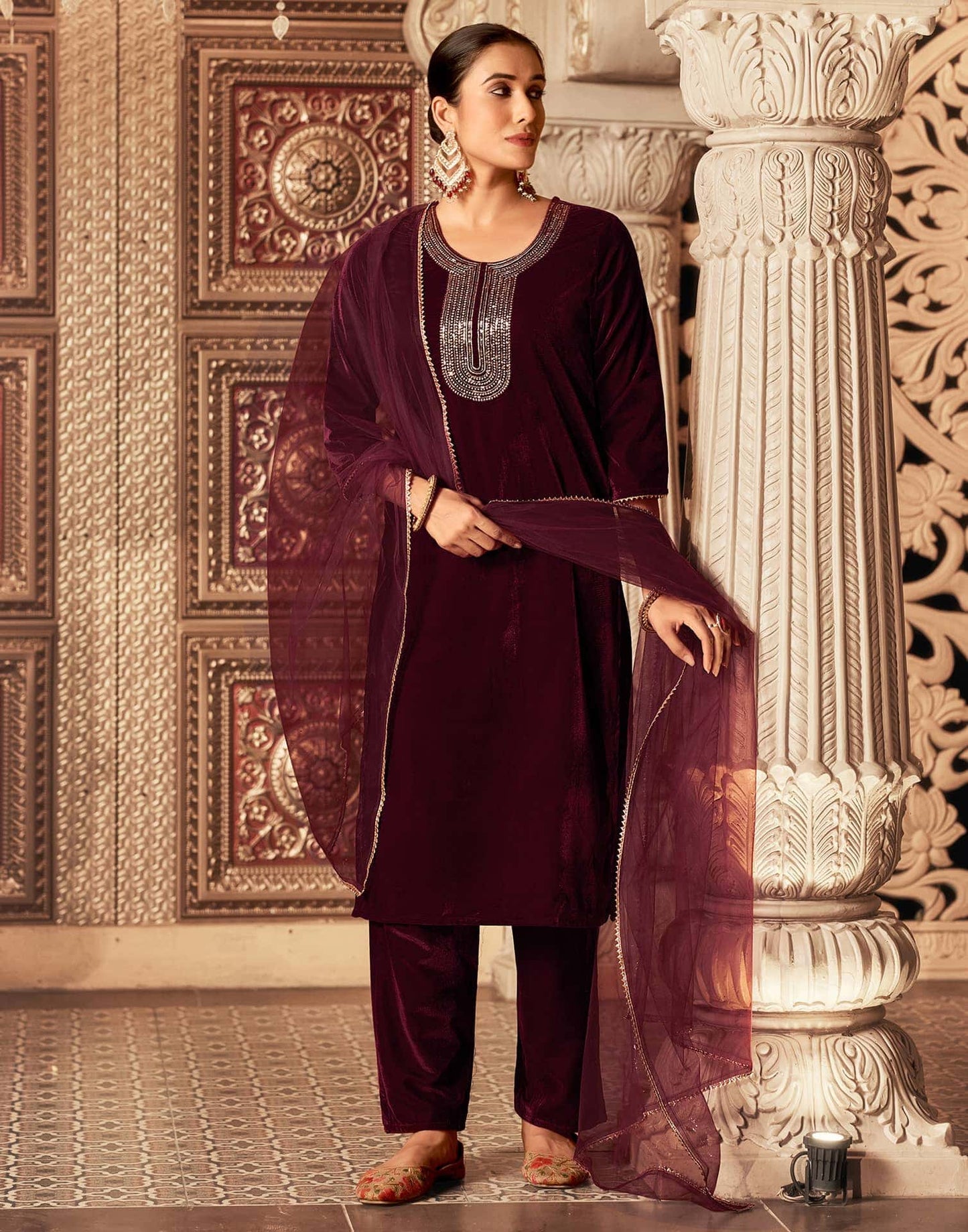 Velvet Sequins, Embroidery and Gota Lace Straight Kurta with Pant & Dupatta